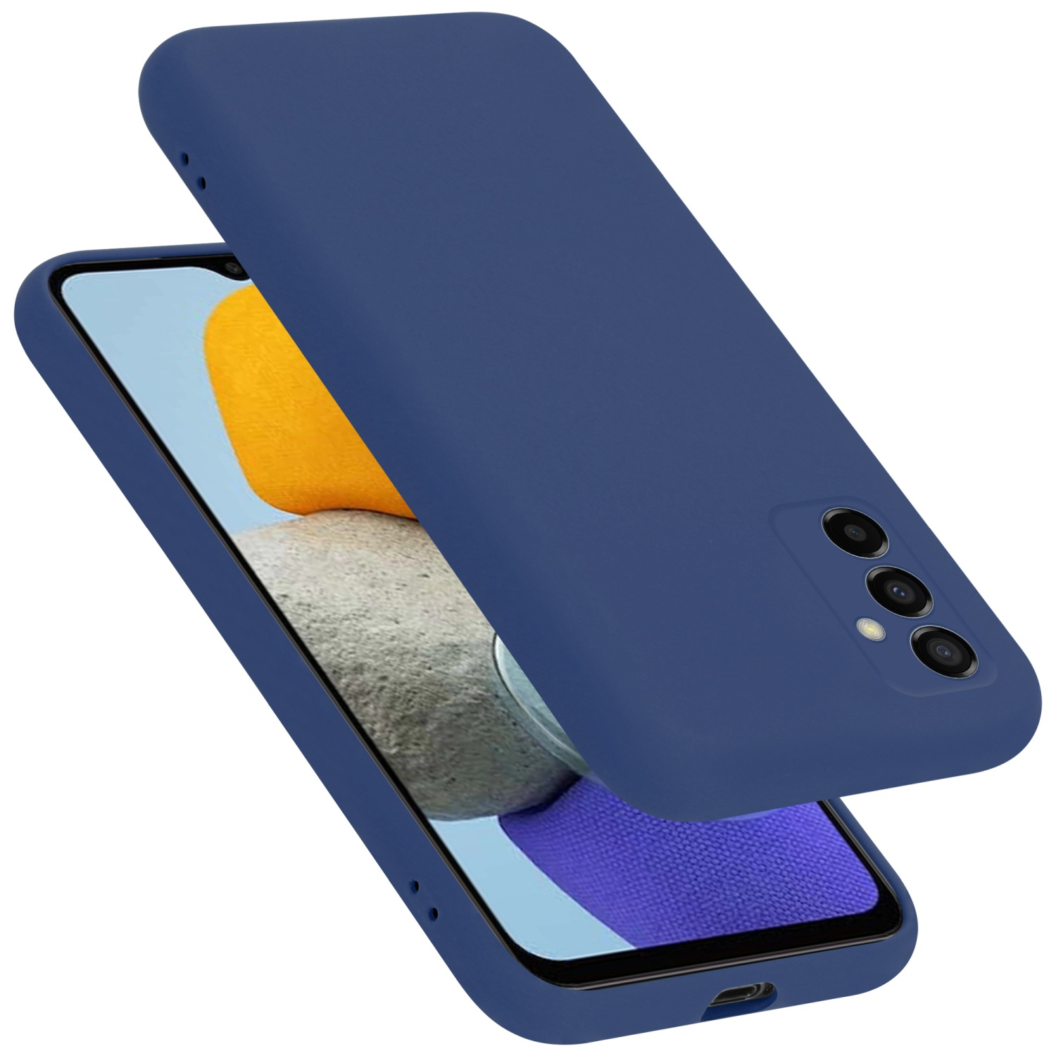 Una custodia per telefono blu con un telefono all'interno, su sfondo bianco. Il telefono ha una fotocamera.