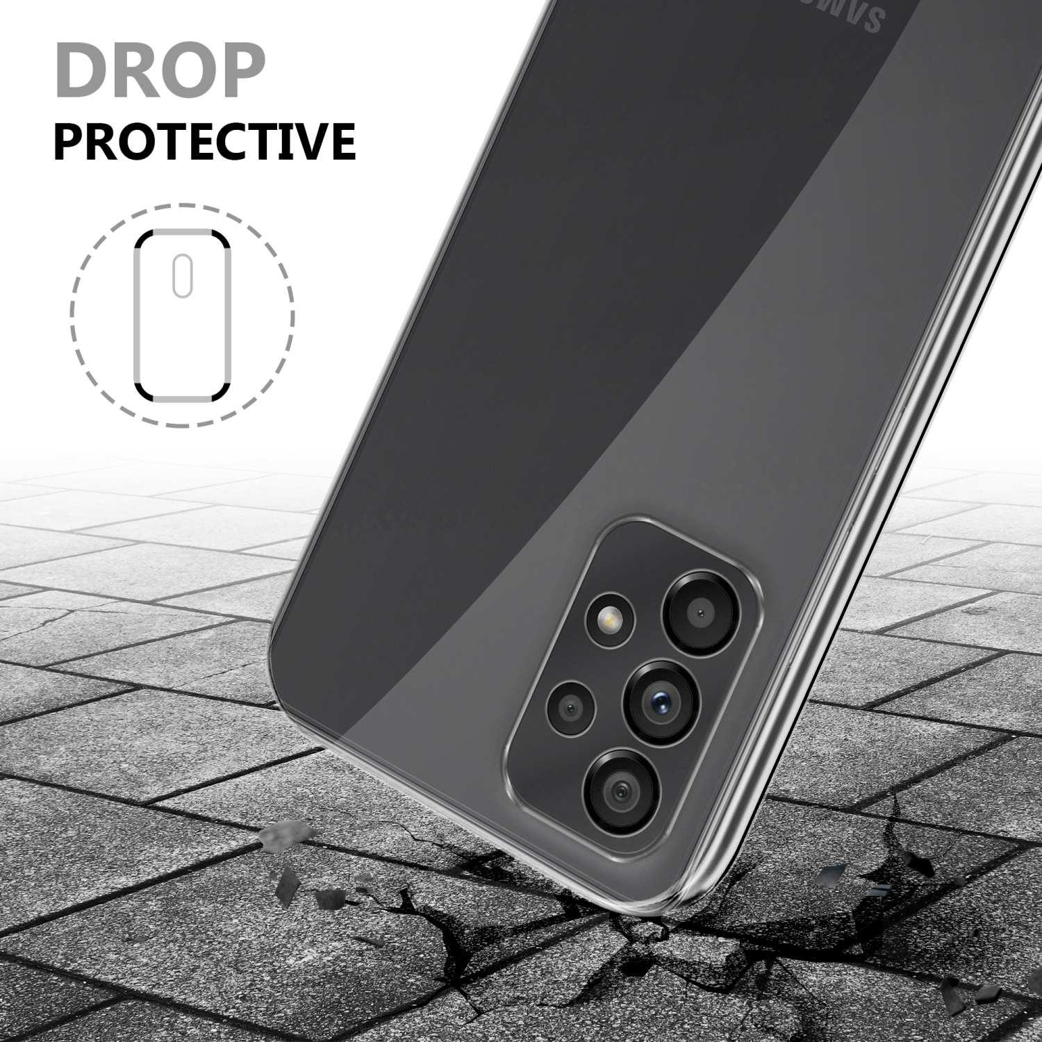 Eine Handyhülle wird auf einer Oberfläche gezeigt. Sie hat ein Telefon darin. Der Text lautet 'DROP PROTECTIVE'.