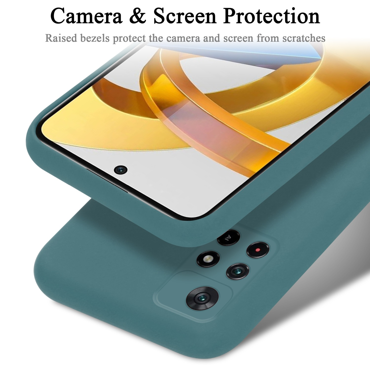 Türkisfarbene Handyhülle mit Telefon, mit Kamera- und Bildschirmschutz.