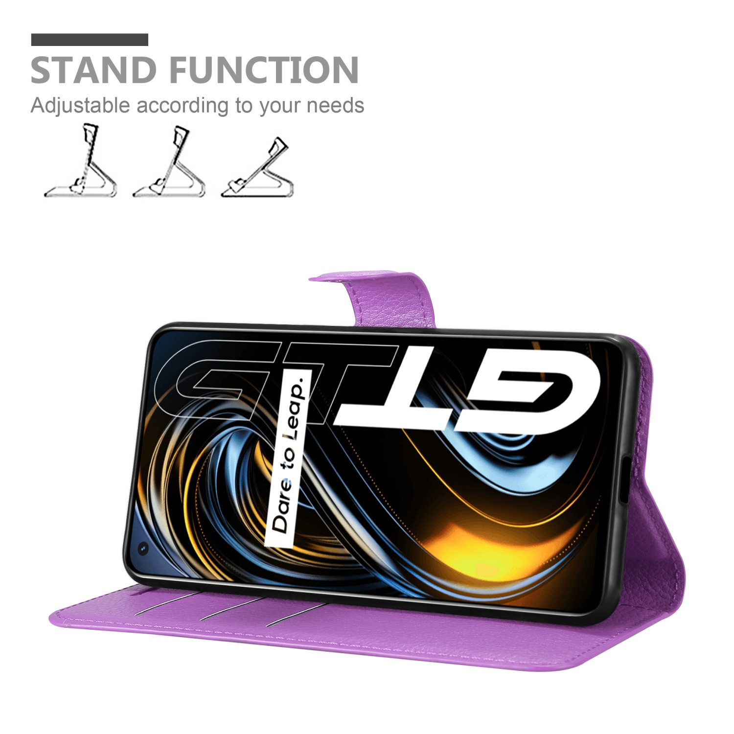 Custodia per telefono viola con telefono. Testo: Funzione stand, regolabile. Sfondo bianco. Tre icone stand.