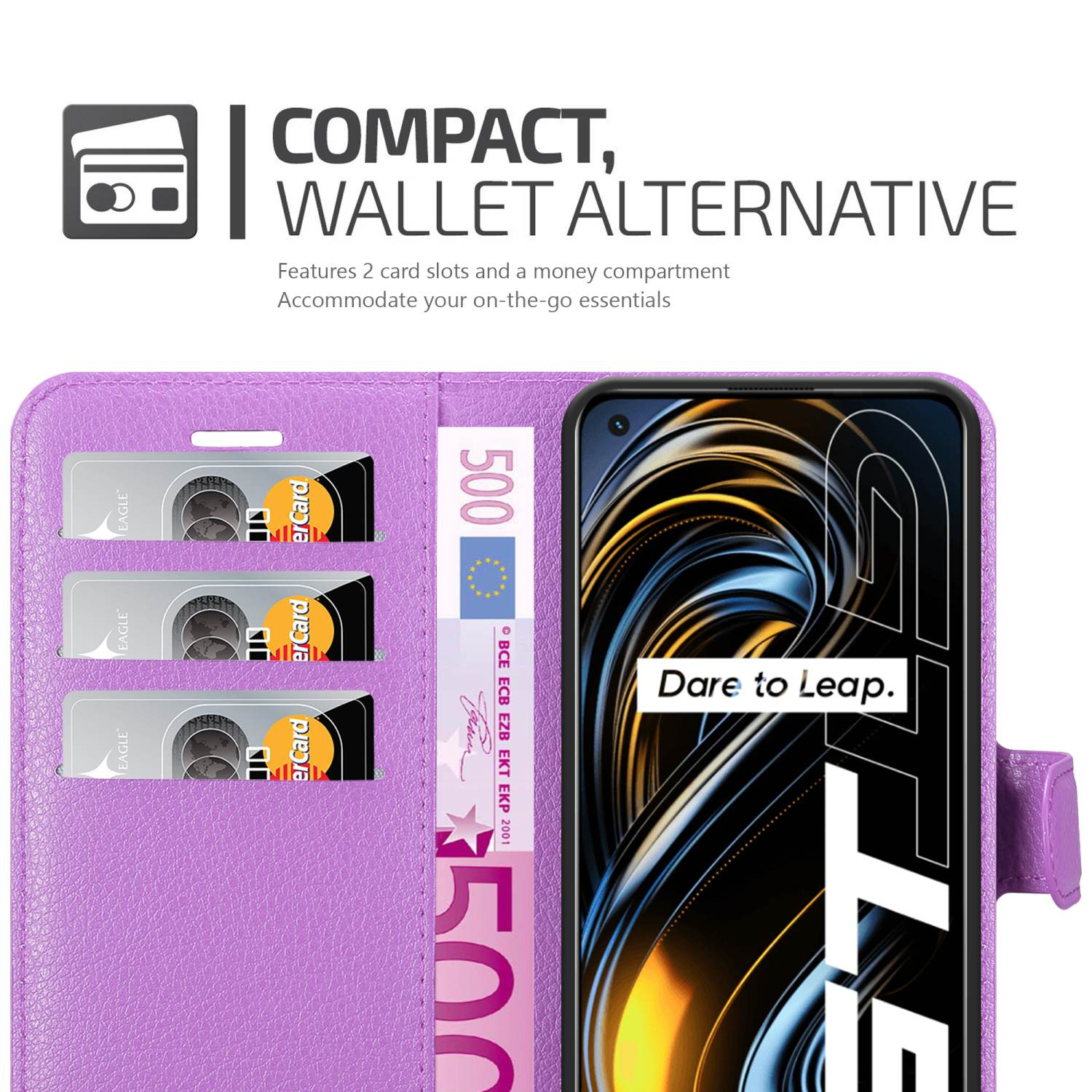 Custodia a portafoglio viola per telefono, con slot per carte e banconote. Un telefono con sfondo bianco viene mostrato, con un logo.