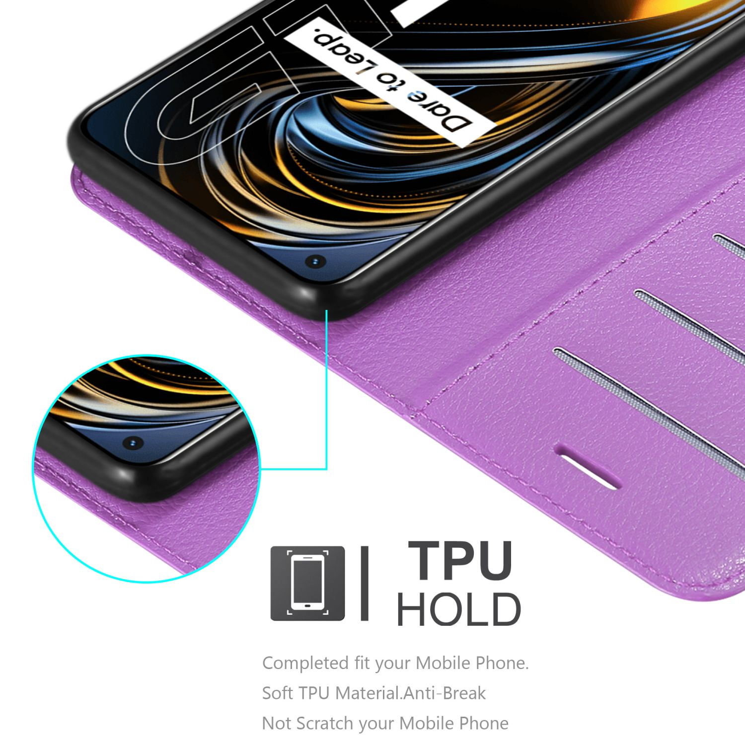 Custodia viola per telefono aperta, con telefono all'interno. Lo schermo è visibile.