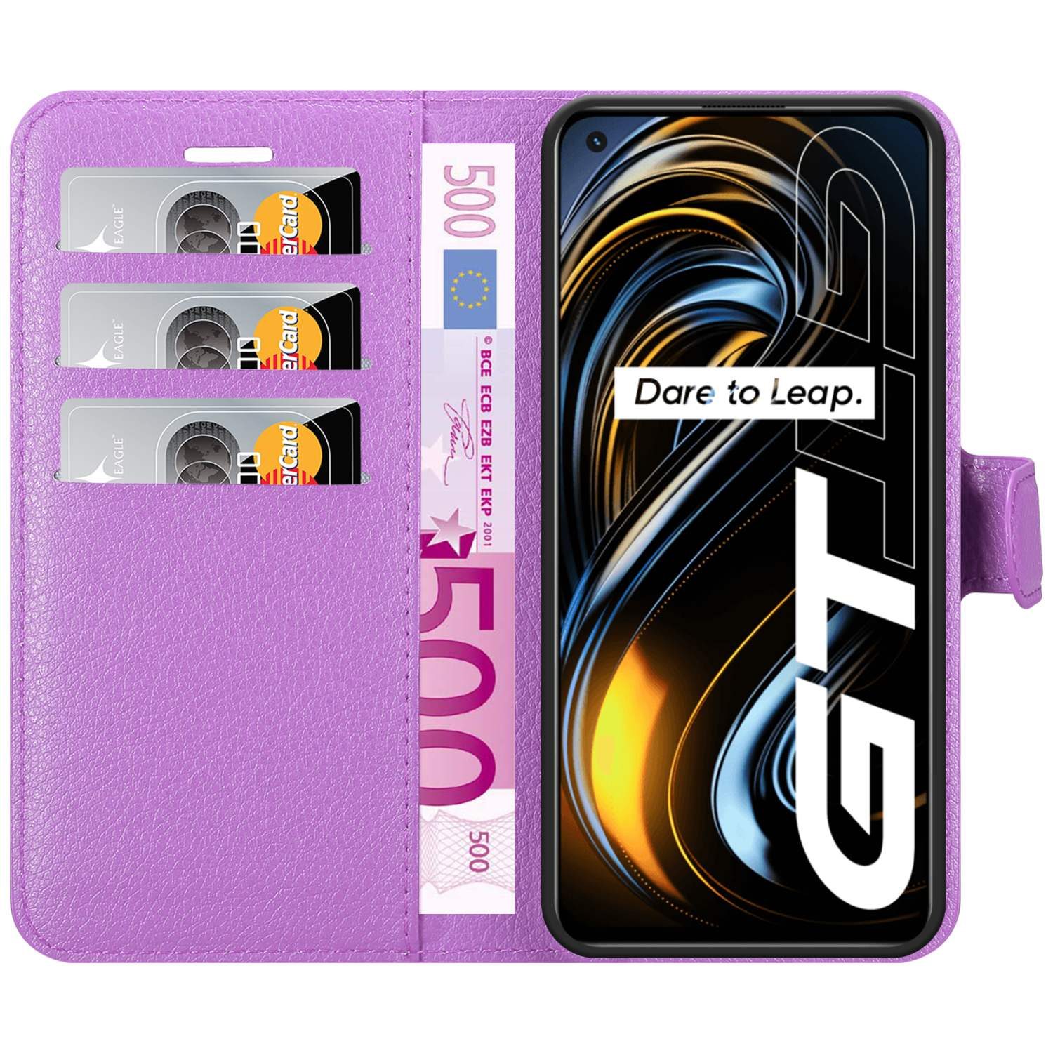 Custodia viola con telefono e carte. Il telefono mostra un design a spirale giallo e nero.