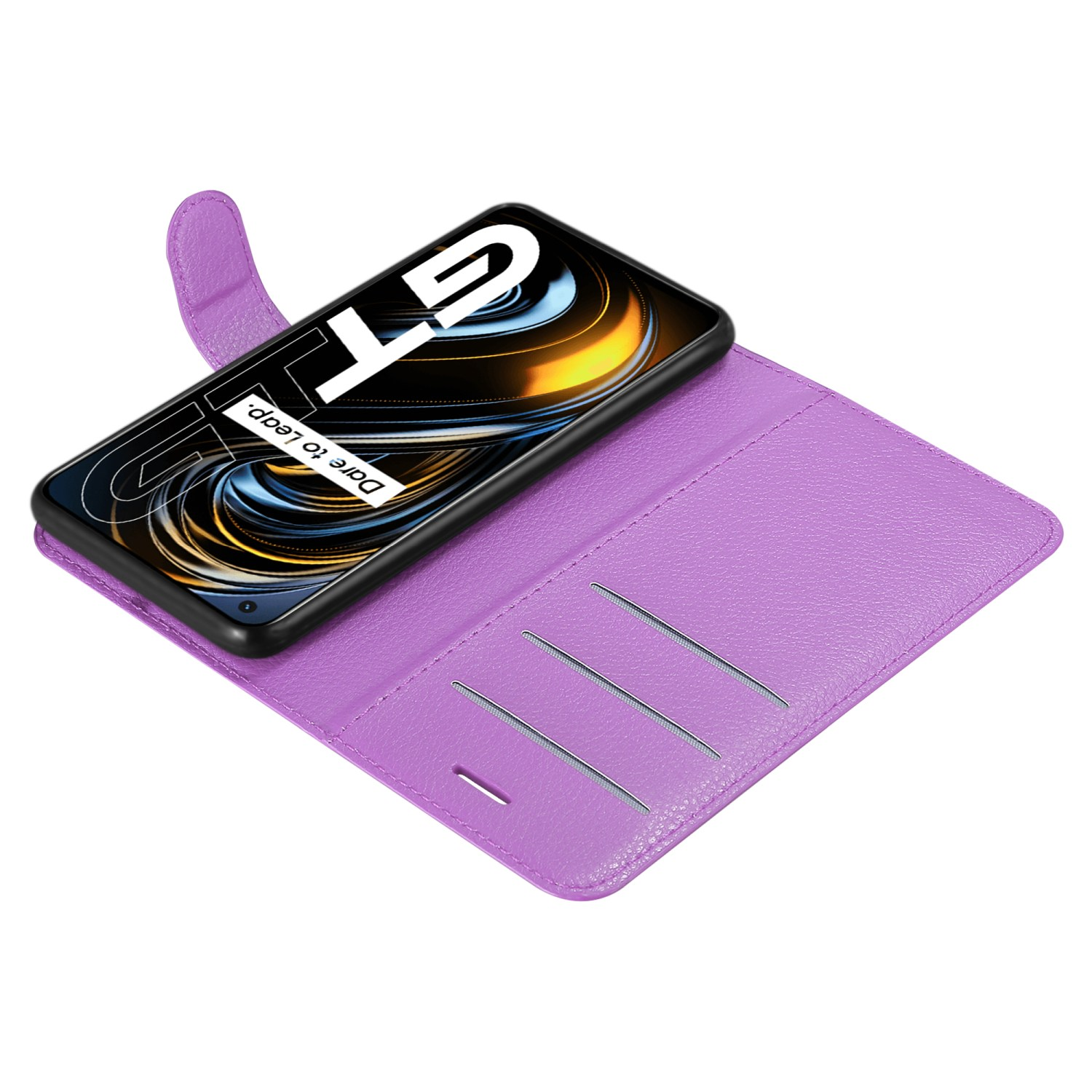 Custodia per telefono viola con telefono all'interno, fessure per carte visibili.