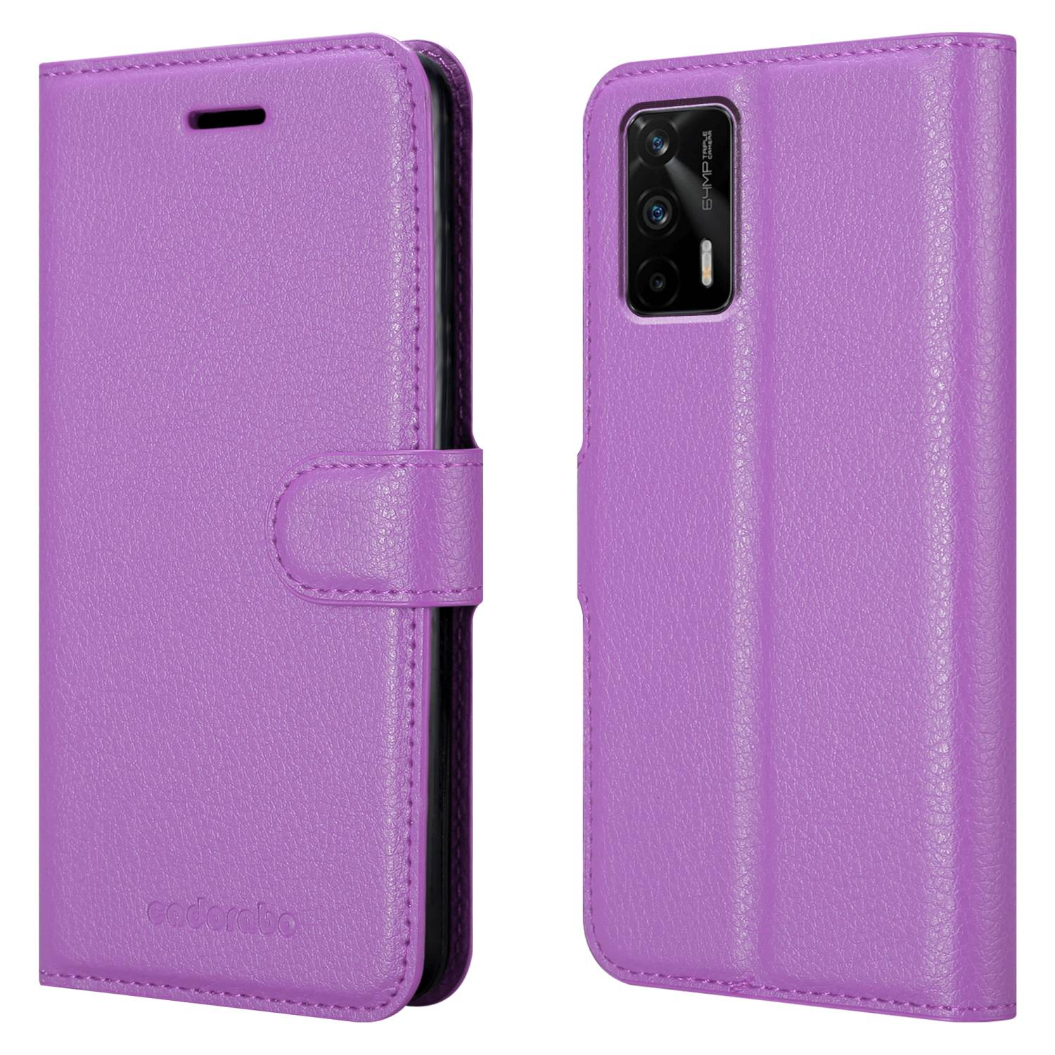 Custodia viola per telefono, aperta, con un telefono dentro.
