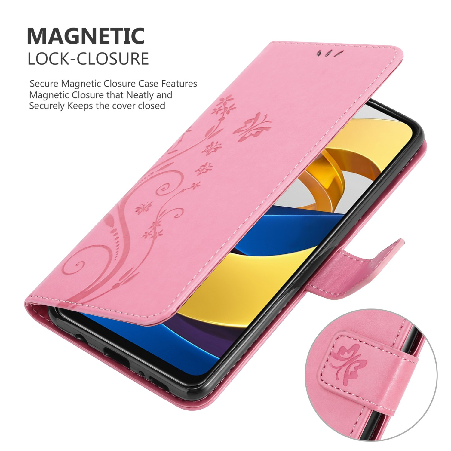 Custodia rosa, aperta per rivelare un telefono. Dispone di design floreale e chiusura magnetica.