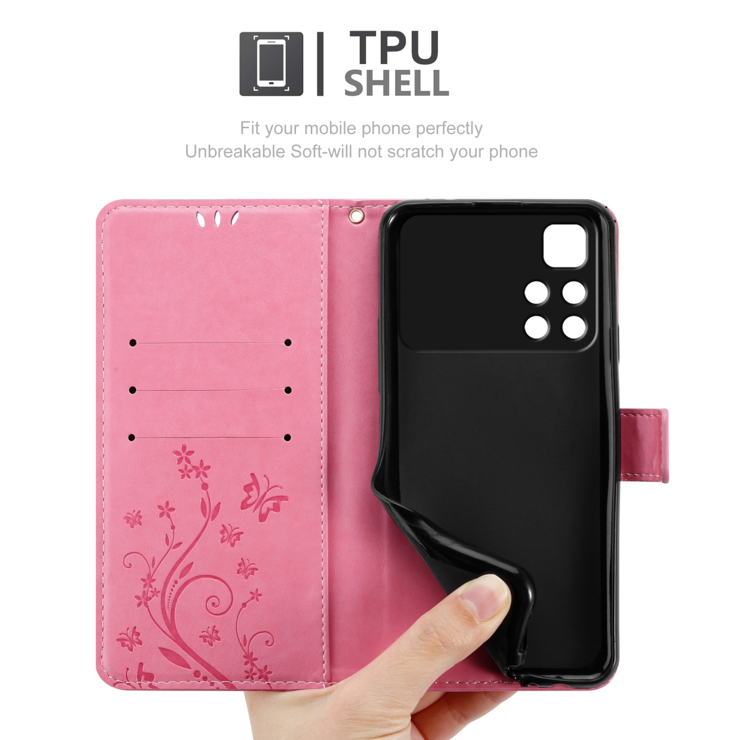 Custodia per telefono rosa aperta, che mostra il telefono all'interno. Mano che tiene parte della custodia, sfondo bianco.