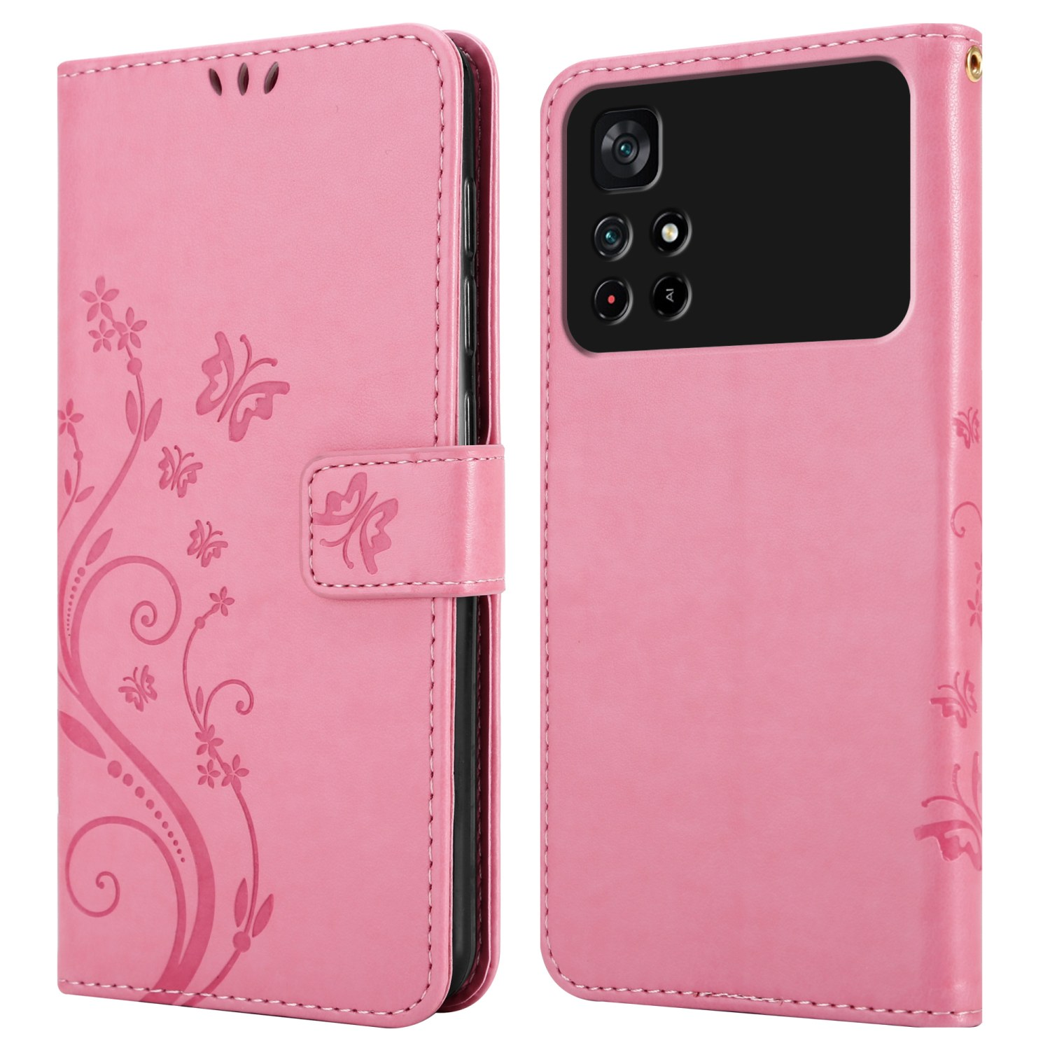 Custodia a portafoglio rosa per telefono con design floreale. Aperta, che mostra il telefono all'interno.