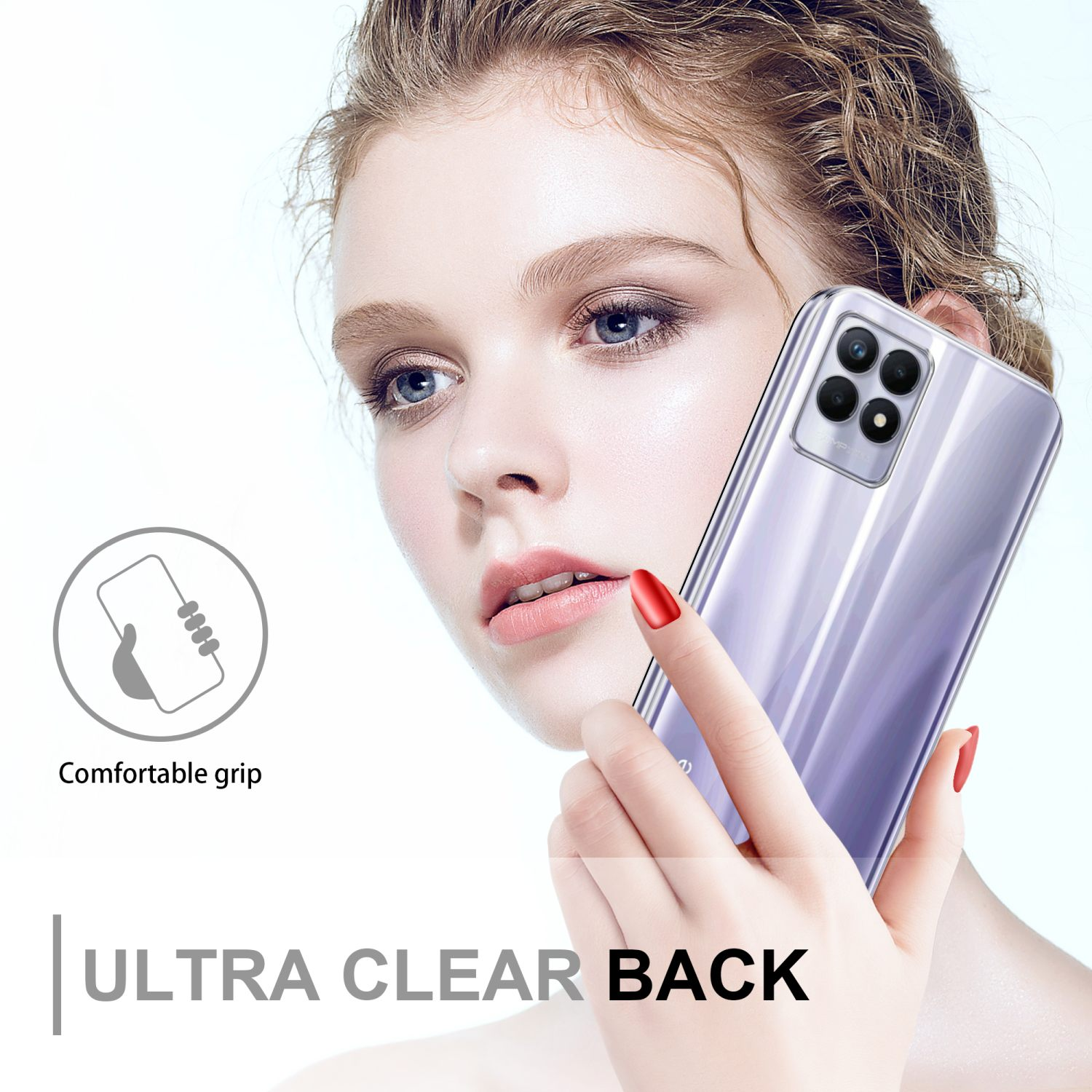 Donna che tiene in mano un telefono con retro ultra trasparente, che mostra la fotocamera e una presa comoda.