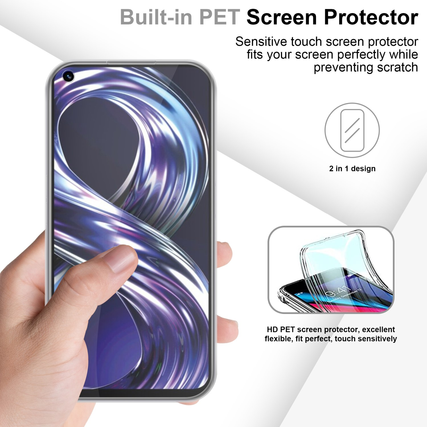 Mano che tiene il telefono nella custodia, illustrazione della custodia. Testo: Protezione schermo PET integrata, design 2 in 1.
