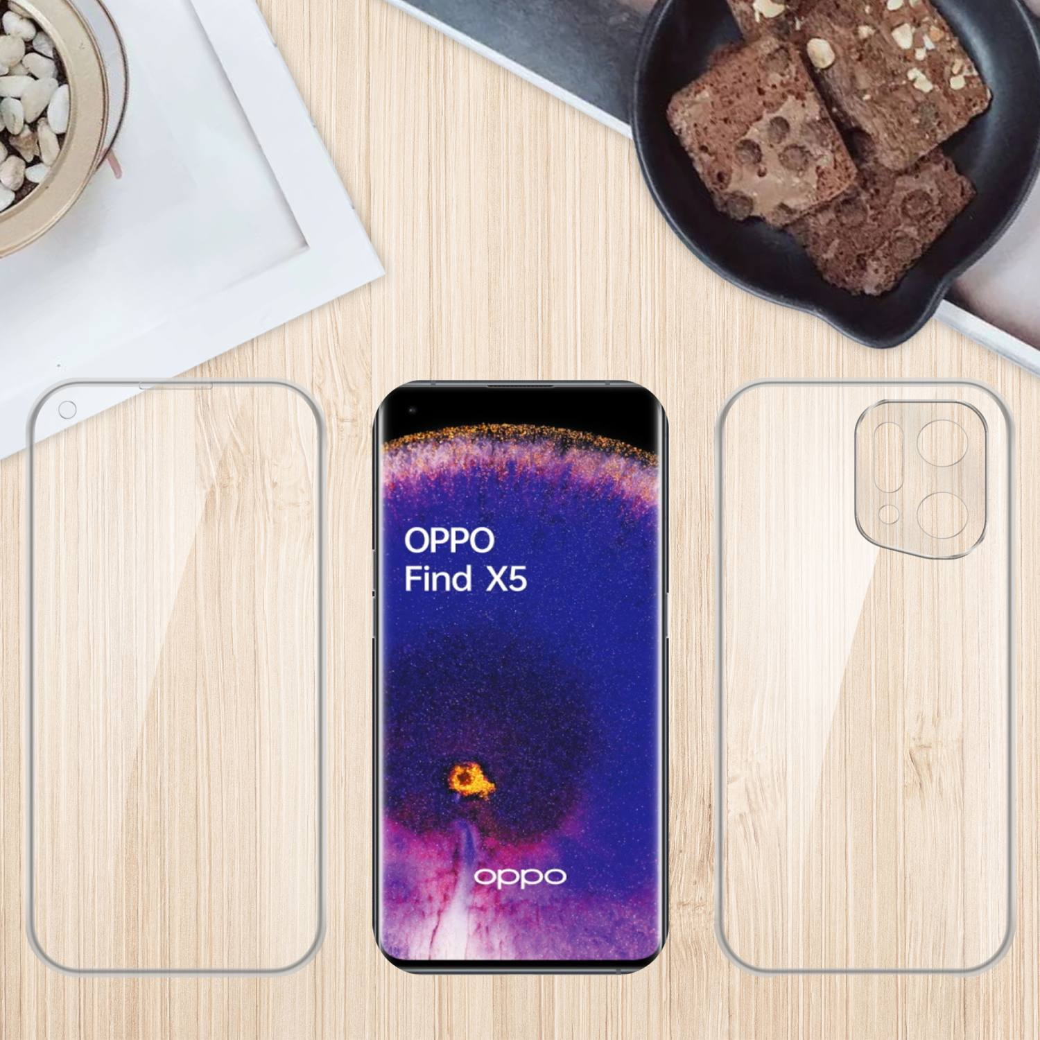 Telefono con protezione schermo e custodia. Brownies sul tavolo di legno.