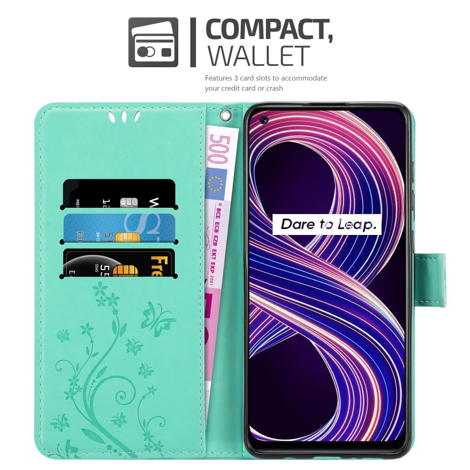 Custodia verde acqua con telefono e carte. Con motivo floreale e vano portabanconote.