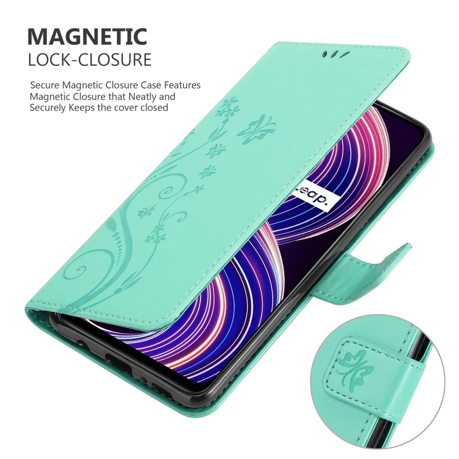 Custodia per telefono verde acqua aperta con design floreale. Lo schermo del telefono è visibile.