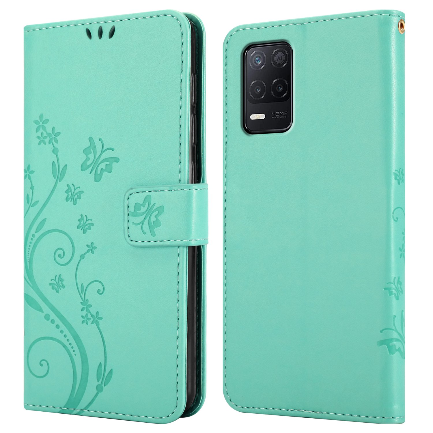 Una custodia per telefono turchese con un design floreale. La custodia è aperta, mostrando un telefono all'interno. Sfondo bianco.