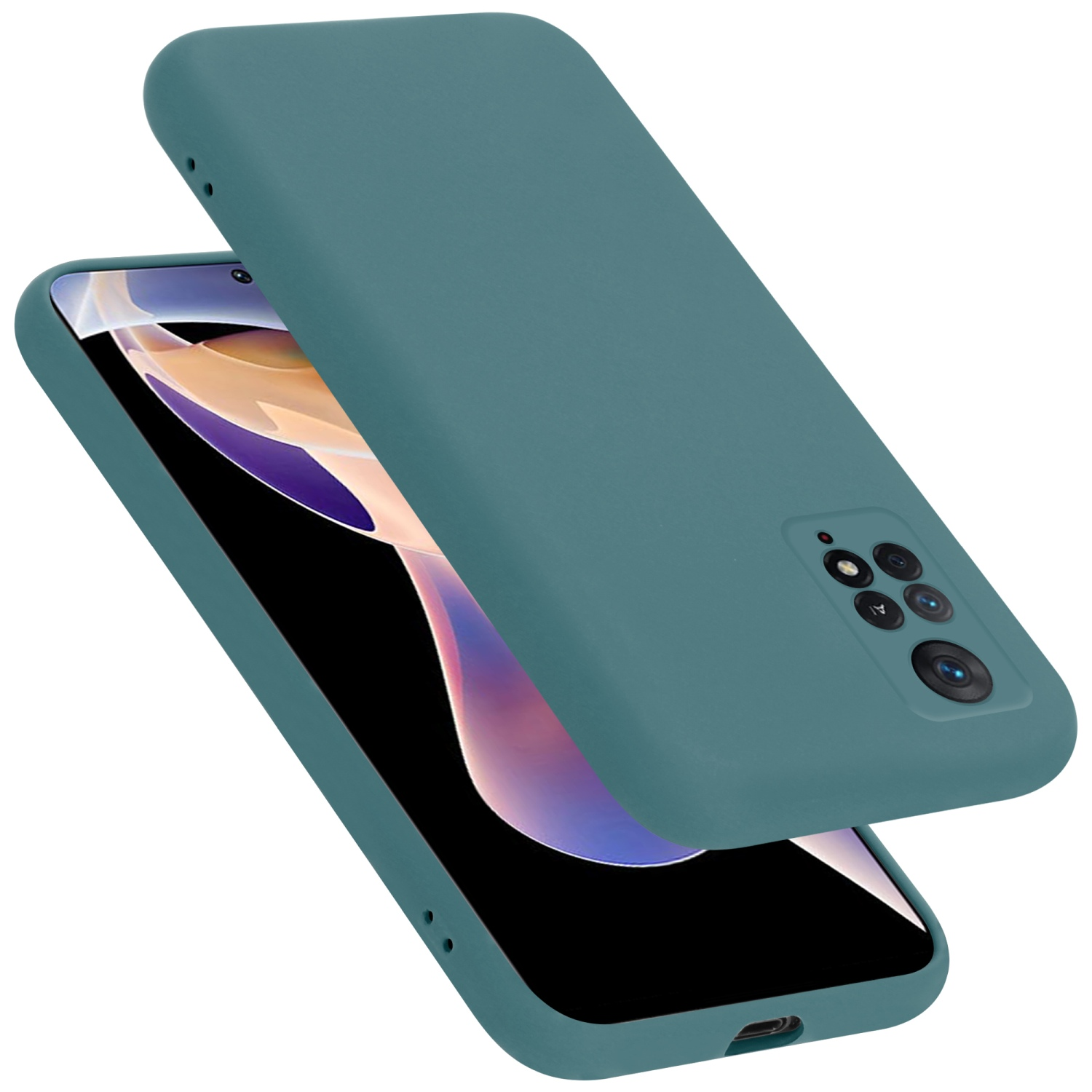 Türkisfarbene Handyhülle, geöffnet, zeigt ein Handy. Fokus auf das Kameramodul. Weißer Hintergrund.