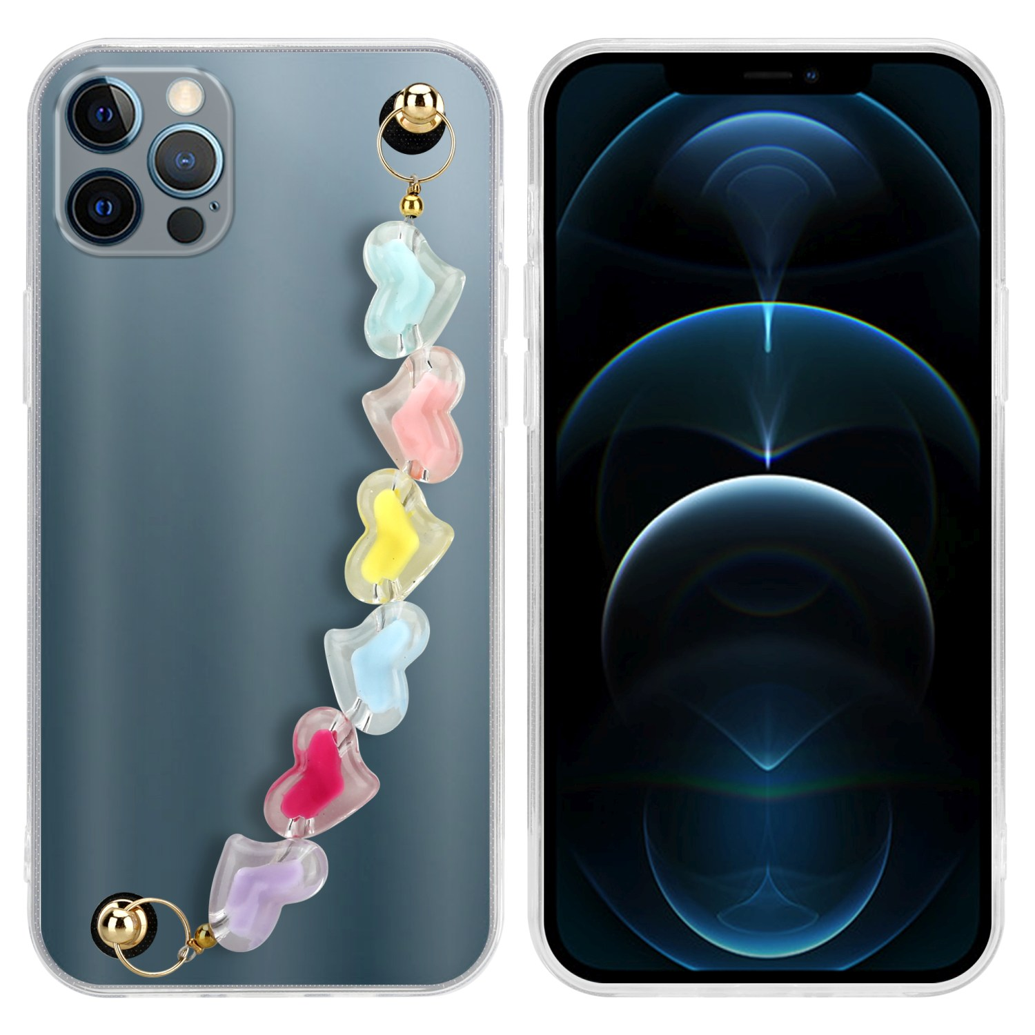 12 PRO Schutzhülle mit bunten Herzen Kette, Transparent Handgelenk mit CADORABO Apple, MAX, iPhone Backcover,