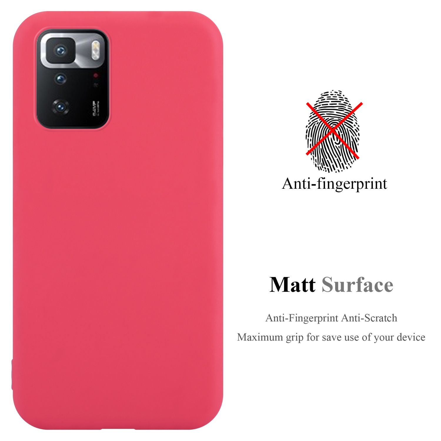 Una custodia rossa per telefono, vista posteriore. Ha una superficie anti-impronta.