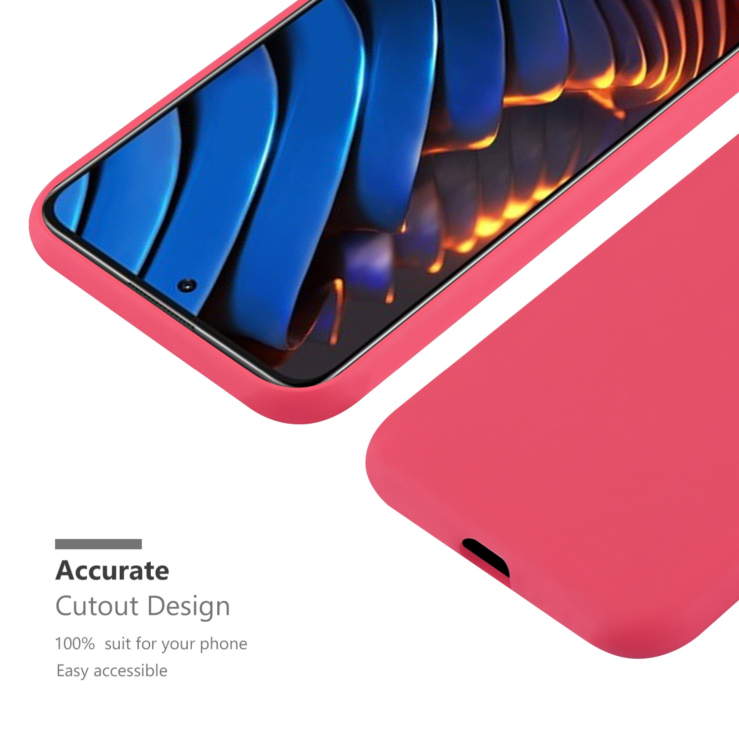 Custodia rossa con telefono e testo 'Accurate Cutout Design'.