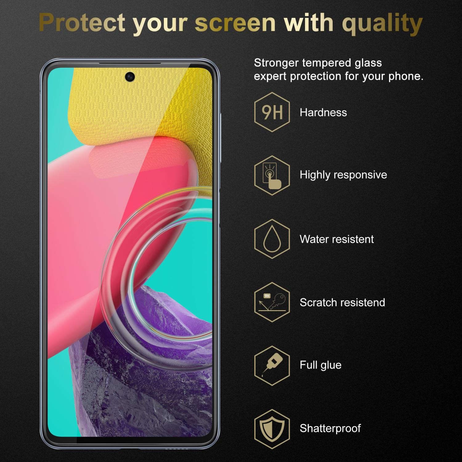 Schermo del telefono con protezione per lo schermo. Le caratteristiche di protezione sono descritte. Durezza 9H, resistente all'acqua e ai graffi.