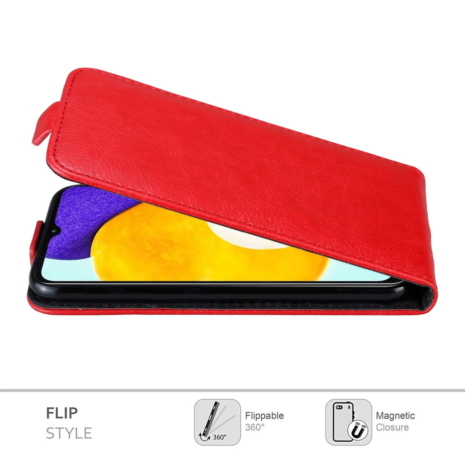 Rote Handyhülle, offen mit Telefon. Telefon ist rot. Hintergrund ist weiß. Flip-Stil.