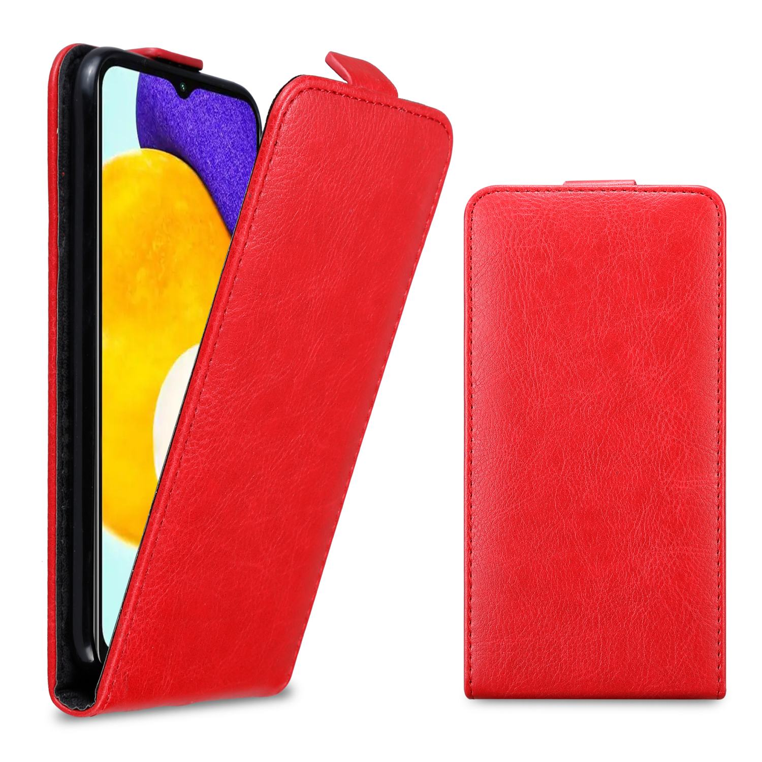 Rote Handyhülle mit Telefon, offen. Das Telefon ist in einem schwarzen Halter. Die Hülle kann falten.