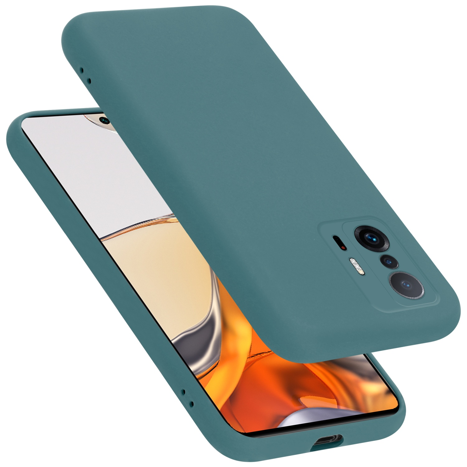 Türkis Handyhülle. Die Hülle ist offen und zeigt das Telefon. Das Telefon befindet sich in der Hülle.