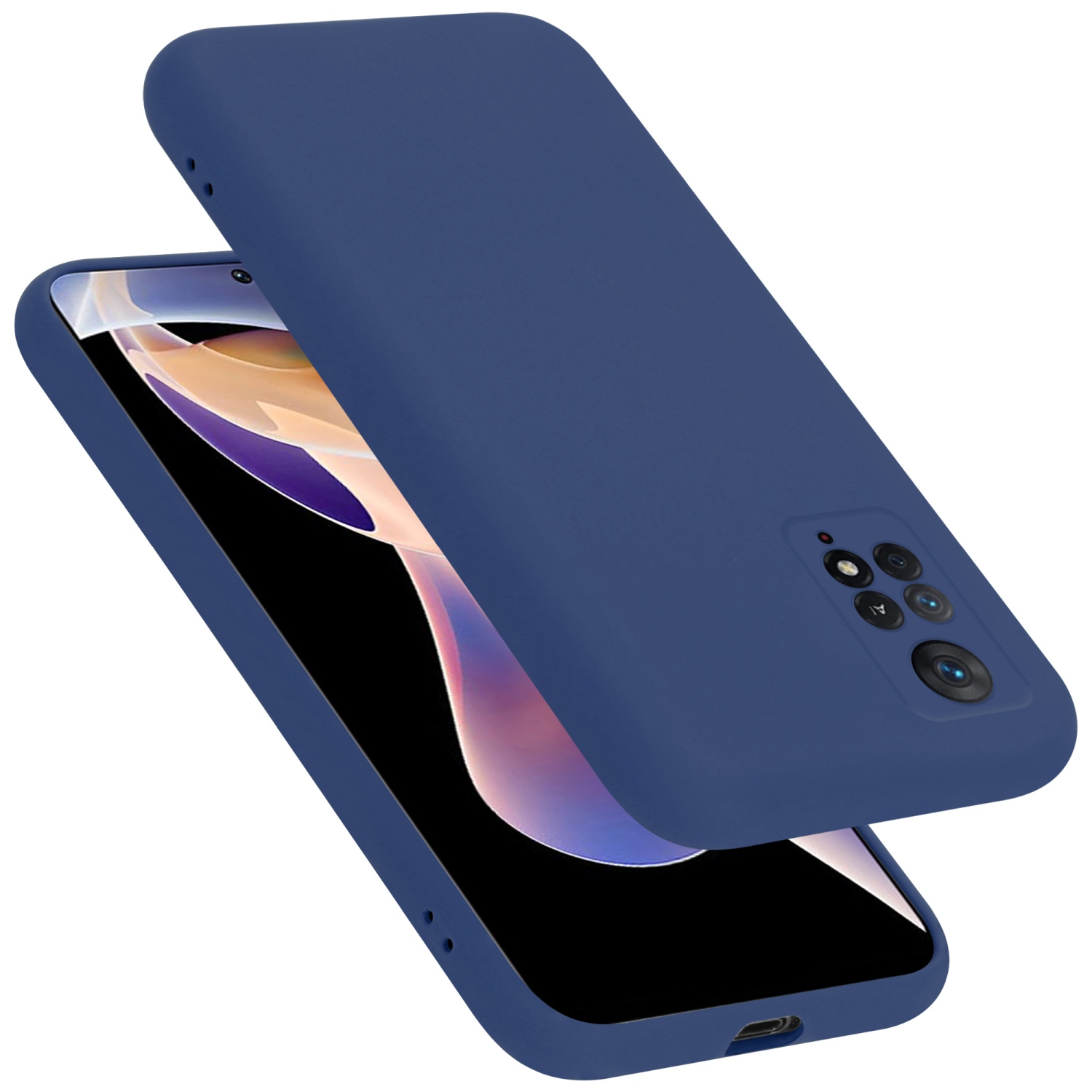 Marineblaue Handyhülle. Telefon ist vorne. Vier Kameras sichtbar. Einfarbig.