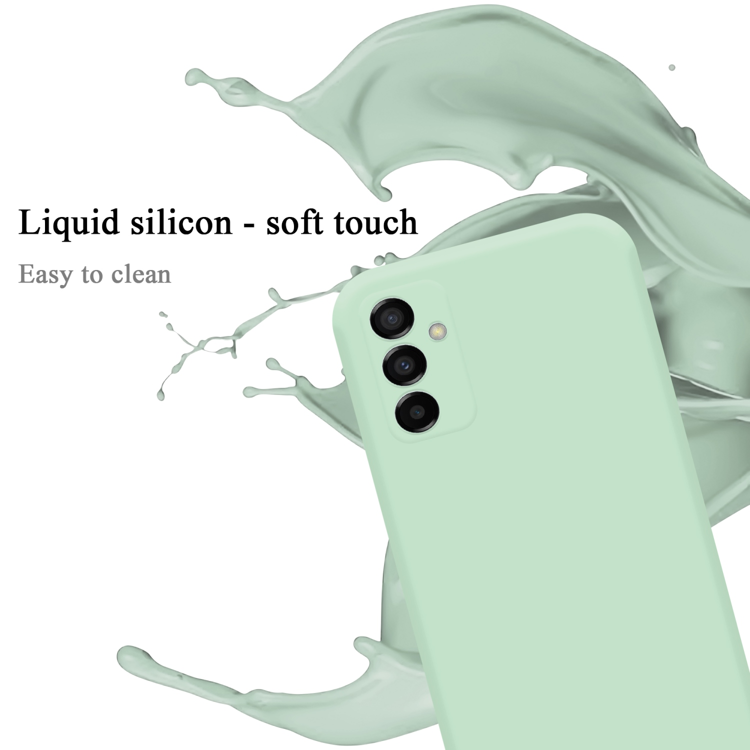 Custodia per telefono verde con un telefono all'interno. Testo: Silicone liquido - tocco morbido. Facile da pulire.