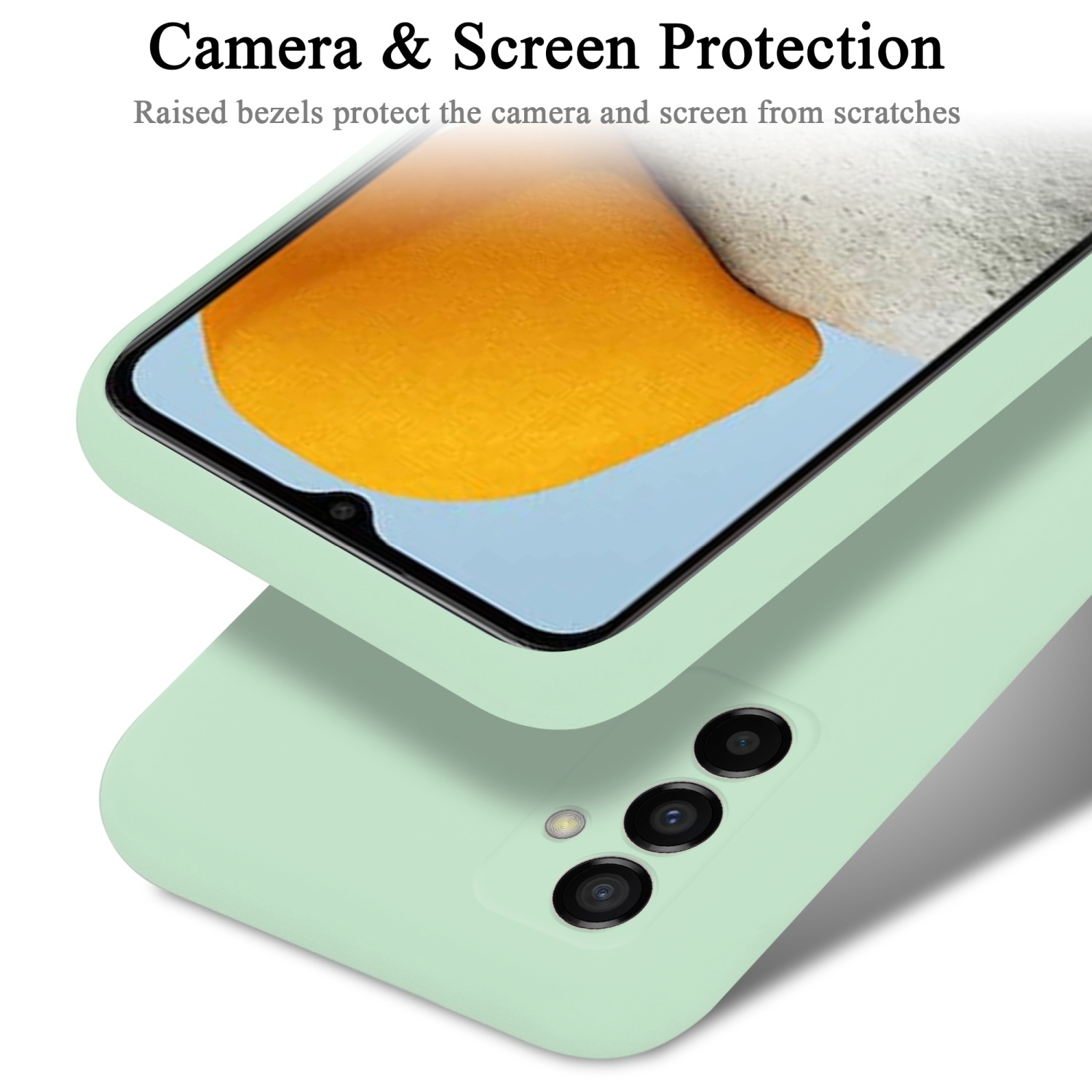 Due custodie per telefono. Una verde, l'altra menta. Entrambe proteggono la fotocamera e lo schermo.