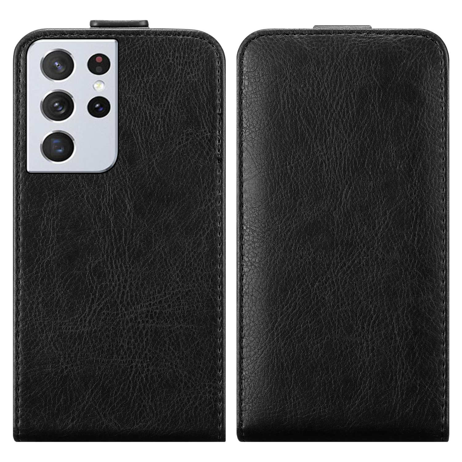 Vengono mostrate due custodie per telefoni in pelle nera. Una ha l'intaglio della fotocamera, l'altra mostra il retro.