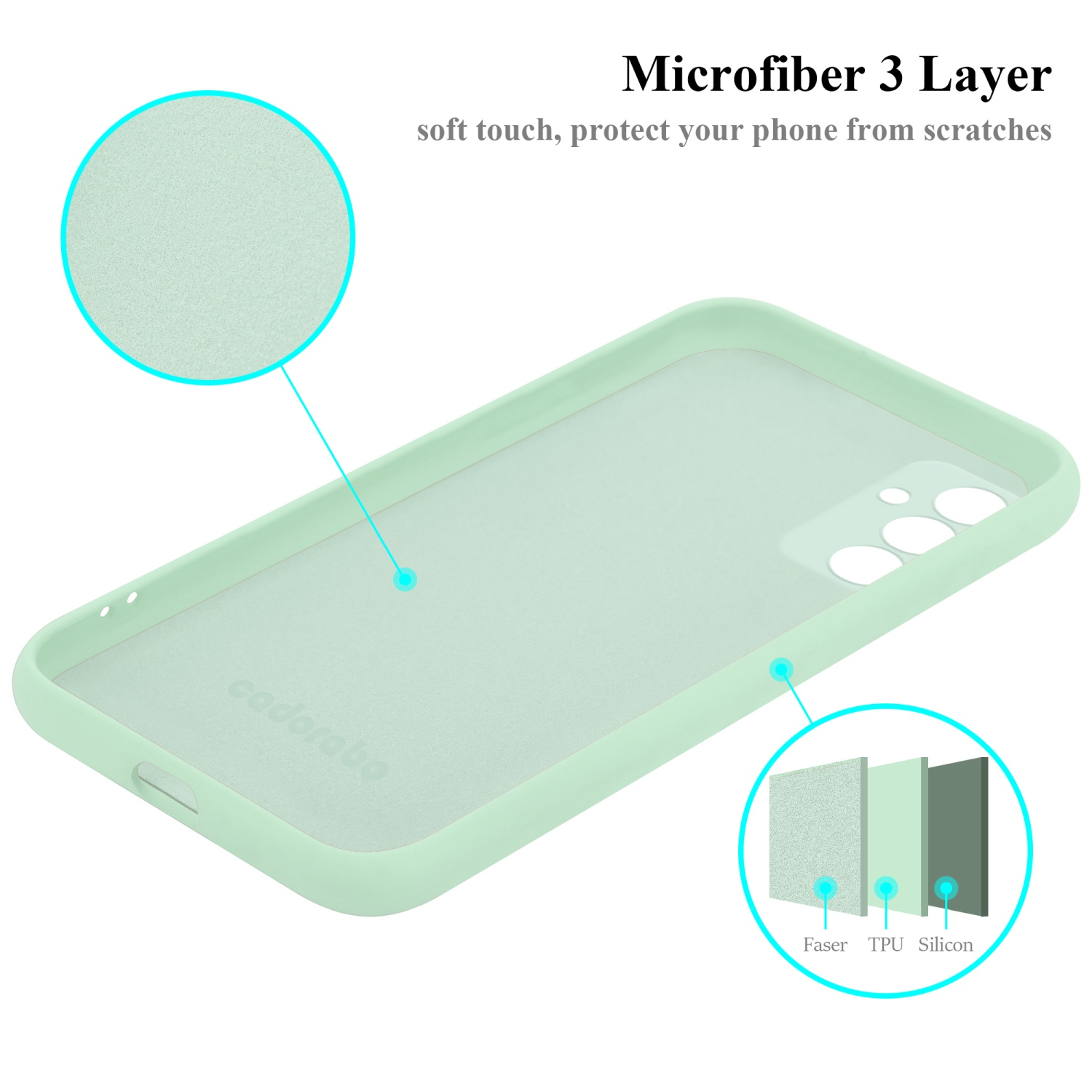 Una custodia per telefono verde chiaro. Vengono mostrati gli strati di materiale. Lo sfondo è bianco con infografiche.