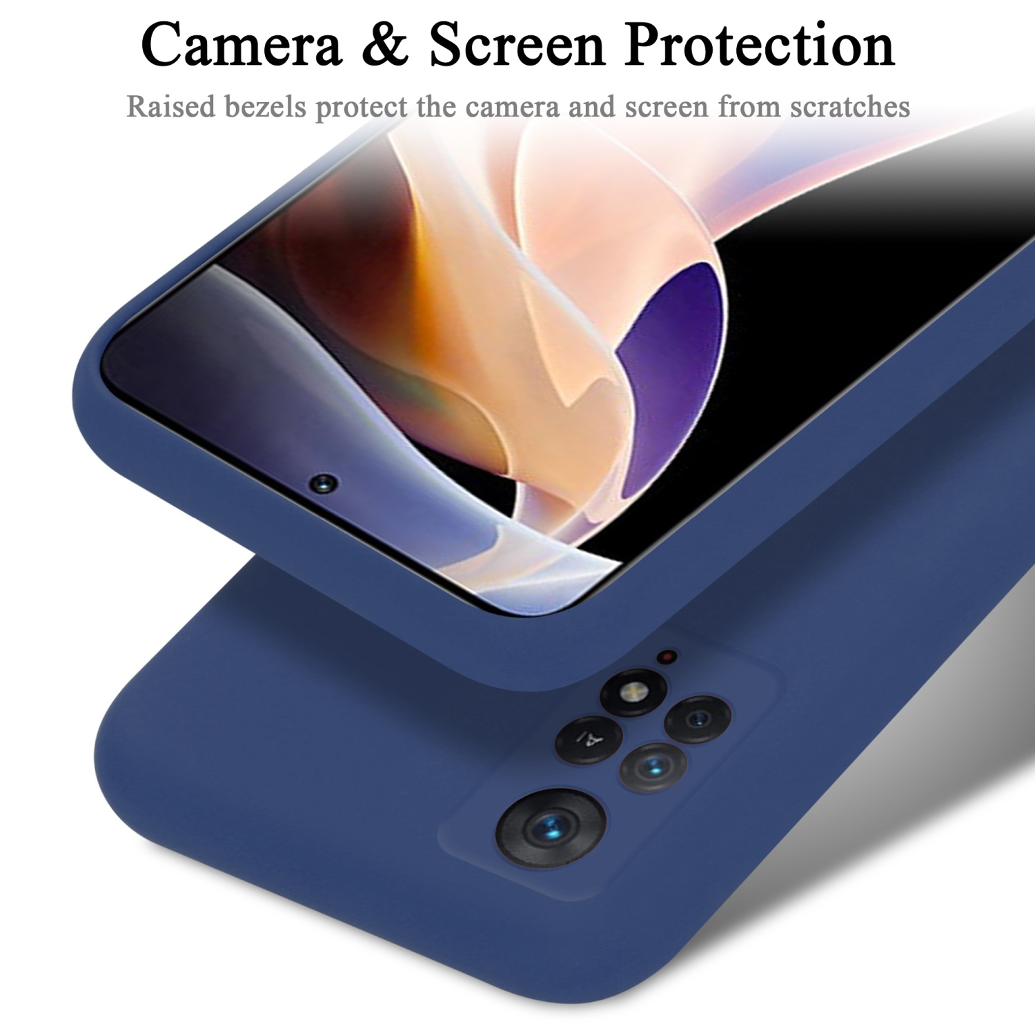 Blaue Handyhülle mit Bildschirm, Kamera sichtbar. Text: 'Camera & Screen Protection'.