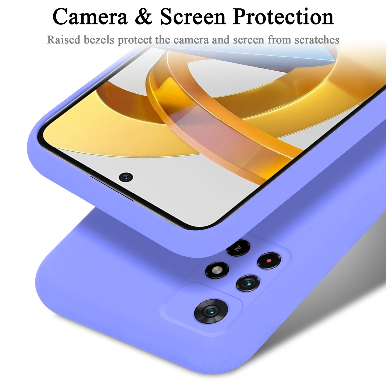 Lilafarbene Handyhülle mit Telefon, mit Kamera- und Bildschirmschutz.