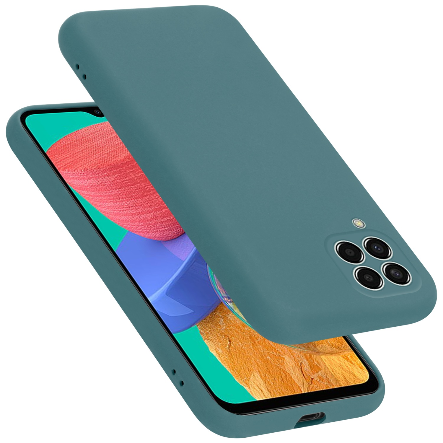 Türkisfarbene Handyhülle, zweiteilig. Telefon sichtbar, weißer Hintergrund.