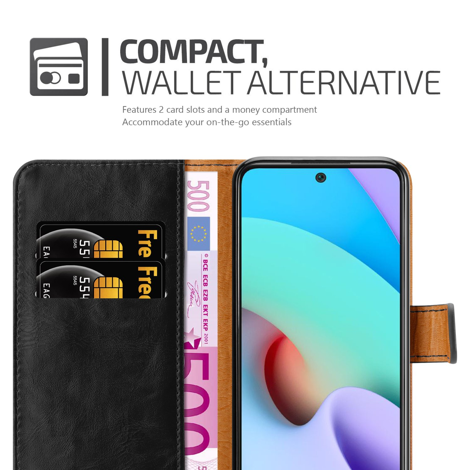 Custodia a portafoglio nera con carte e telefono. Testo: Compatto, alternativa al portafoglio.