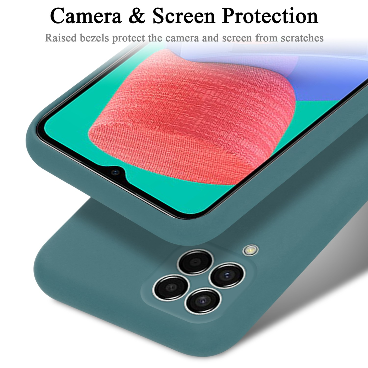 Eine türkis Handyhülle mit einem Telefon. Die Hülle ist geöffnet, um den Bildschirm und die Kamera zu zeigen.