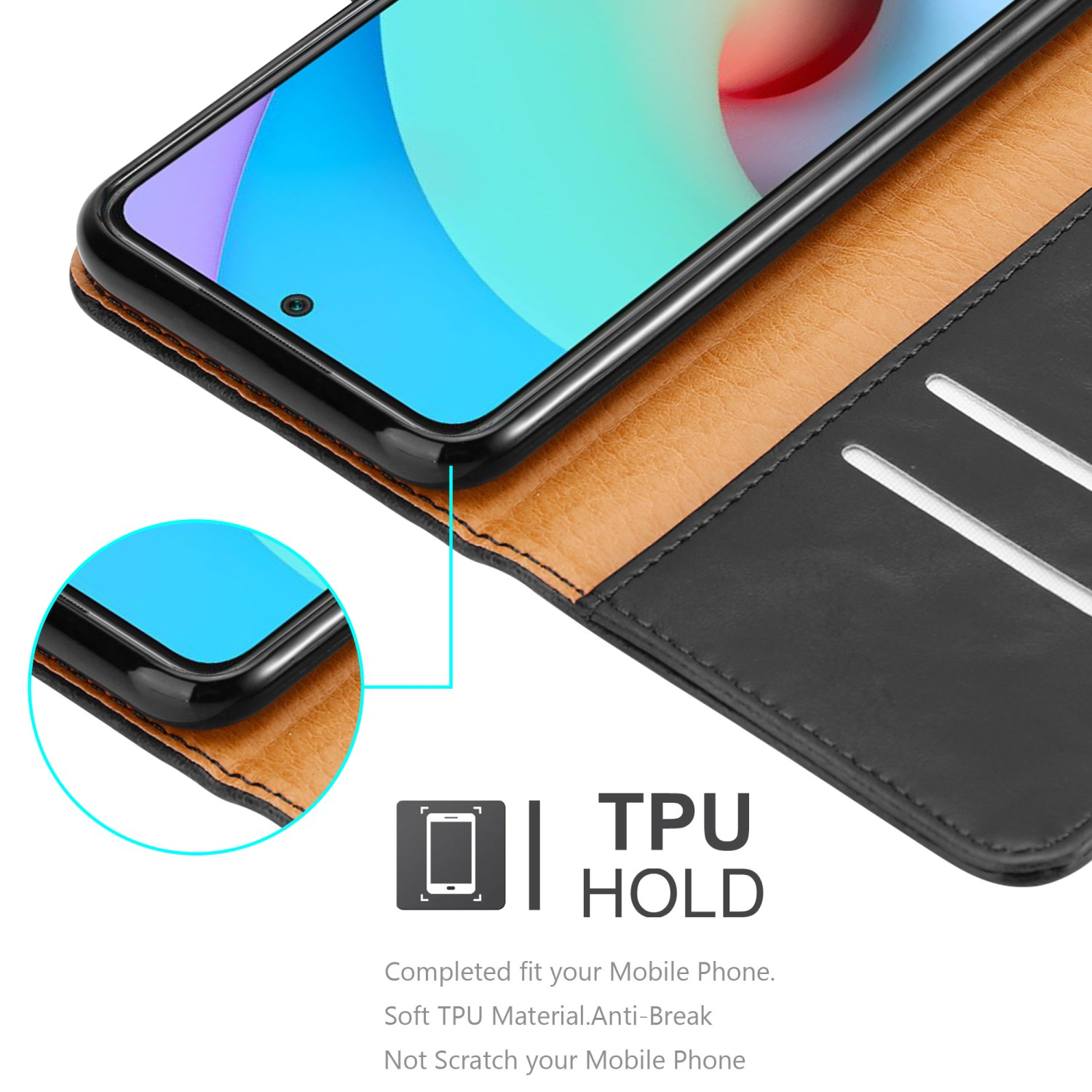 Custodia nera con telefono, testo: TPU HOLD.