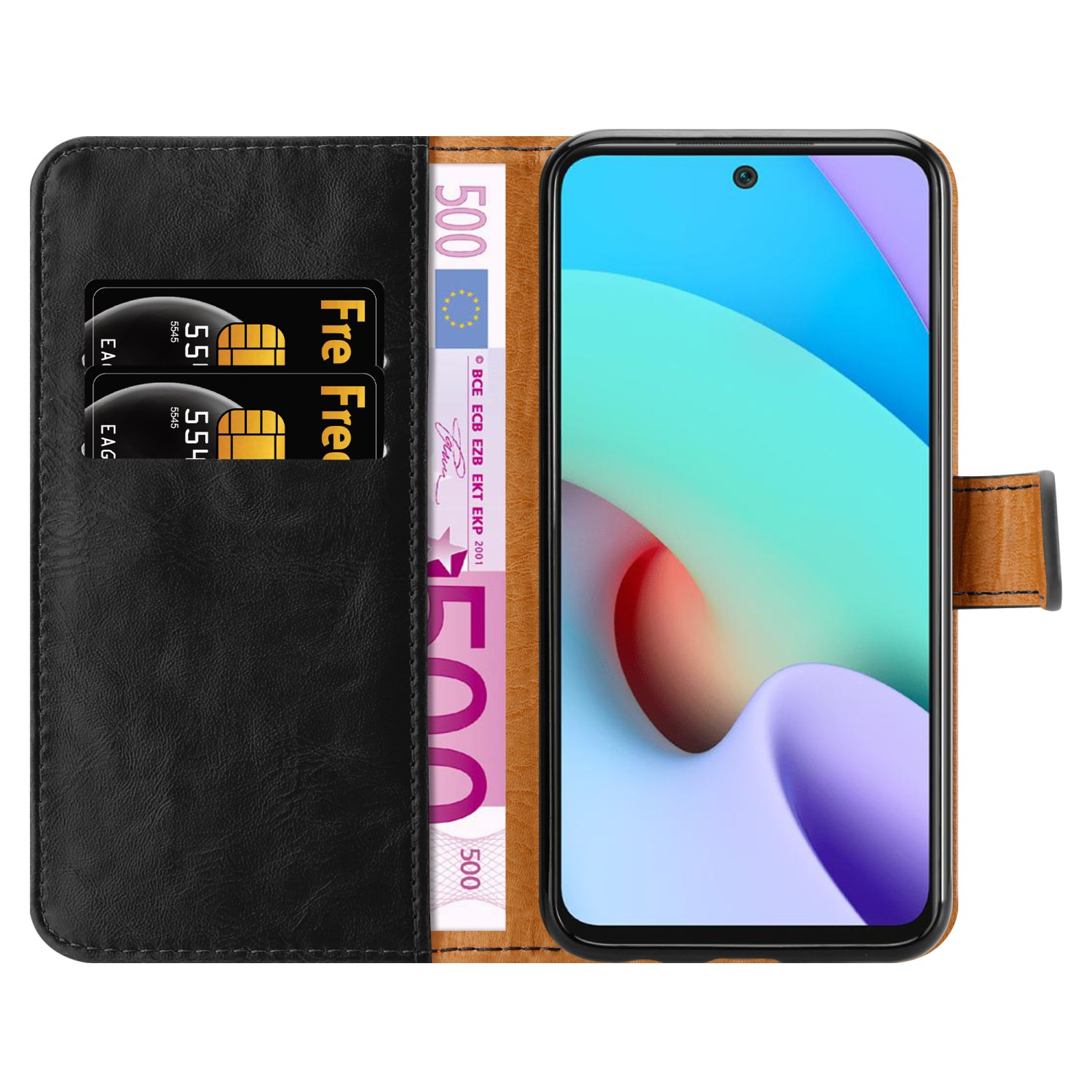 Custodia marrone con due slot per carte e un vano portabanconote. Un telefono è visibile.