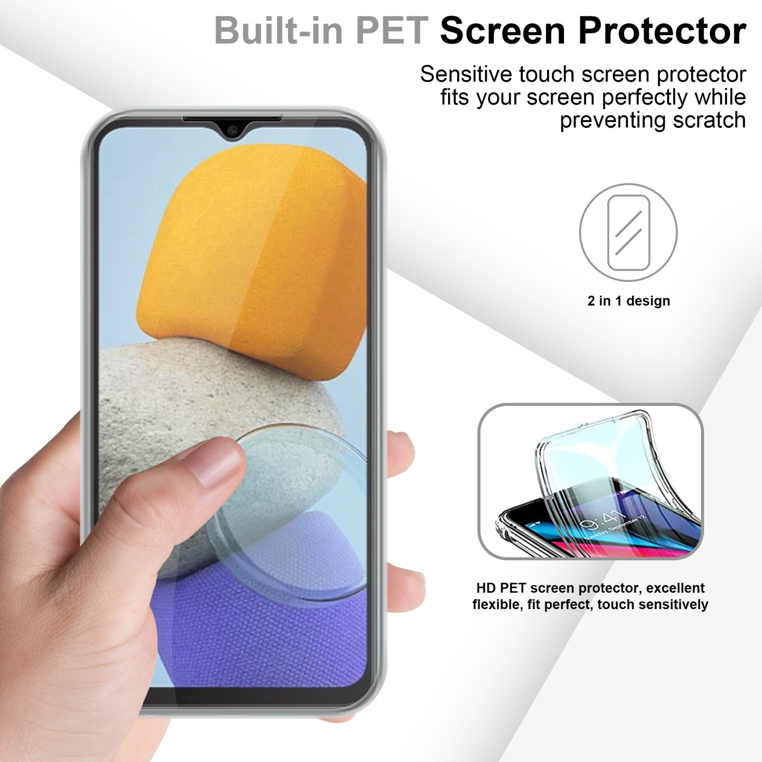 Mano che tiene una protezione per lo schermo sopra un telefono. Il telefono mostra un design astratto colorato.