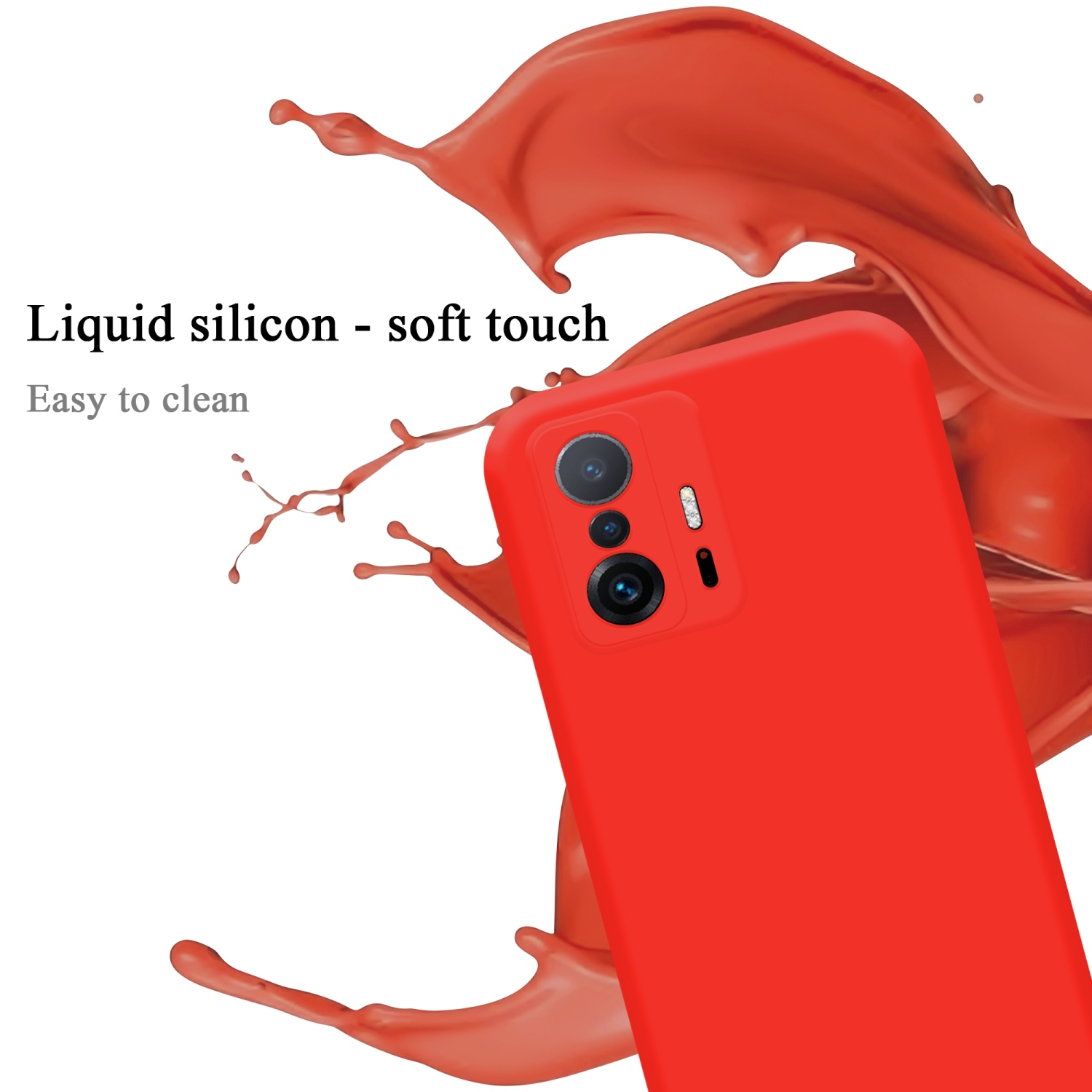 Eine rote Handyhülle mit Soft-Touch wird gezeigt. Die Hülle ist leicht zu reinigen.