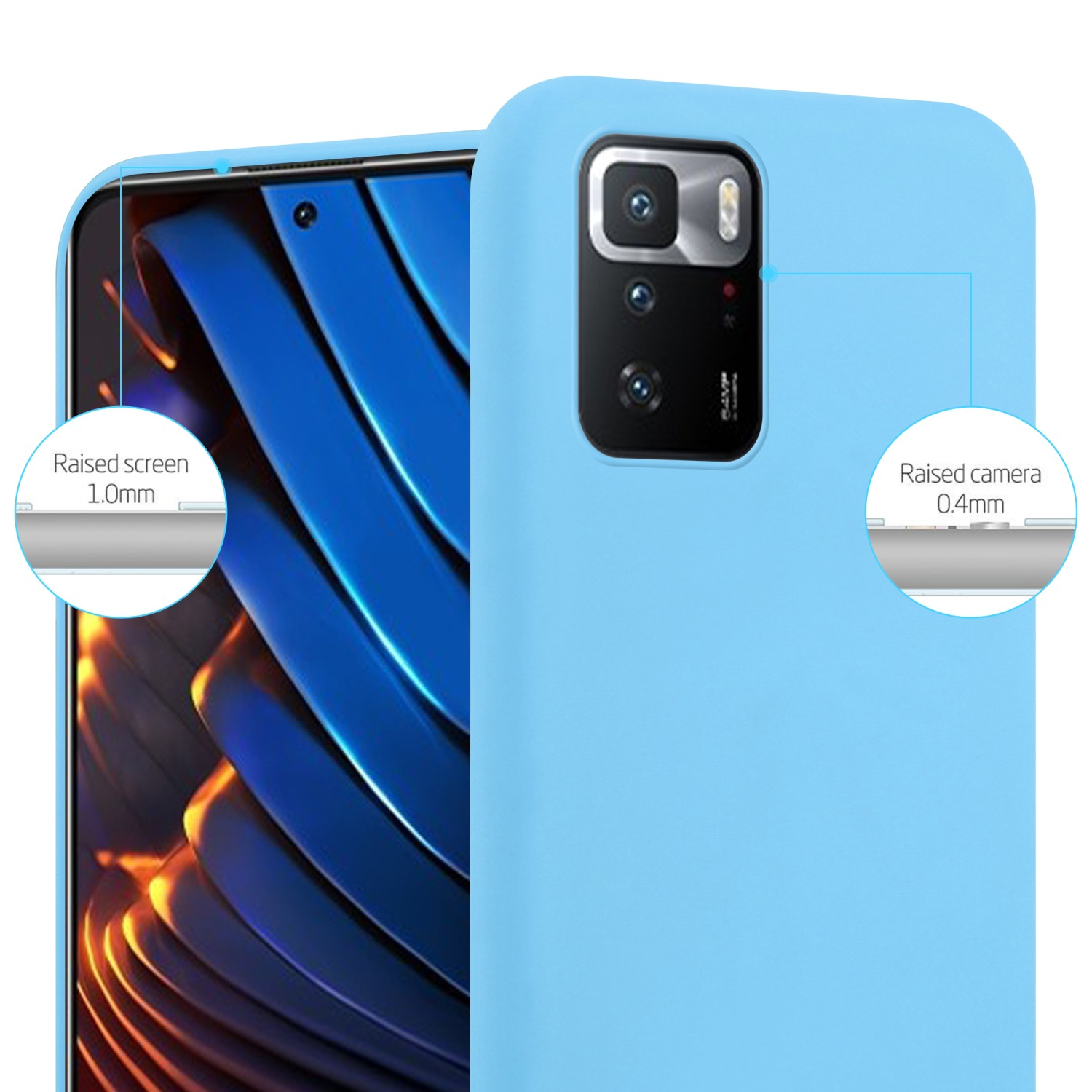 Custodia per telefono azzurra. Lo schermo e la fotocamera sono rialzati.