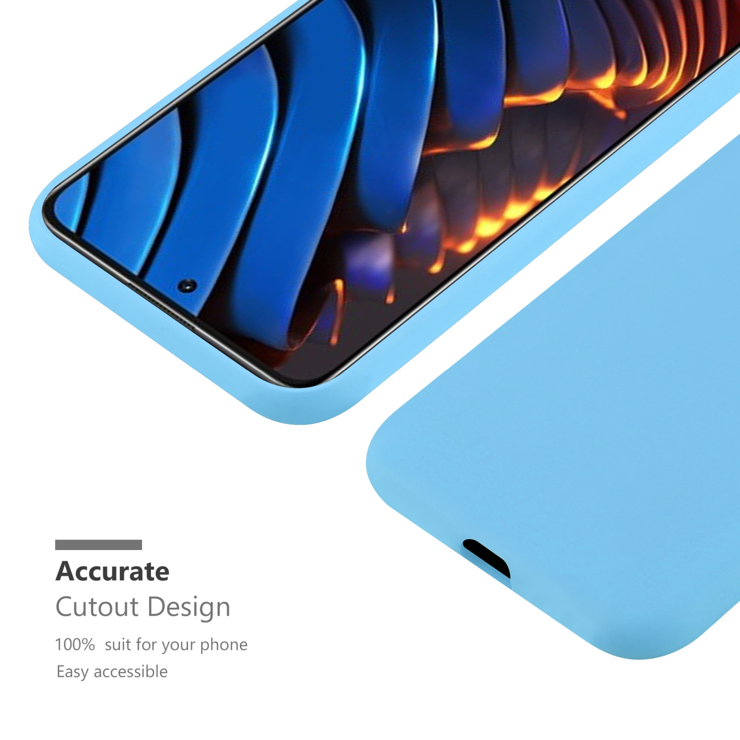 Custodia blu, con telefono all'interno. Testo: Design preciso, facile accesso, adatto al 100% per il telefono.