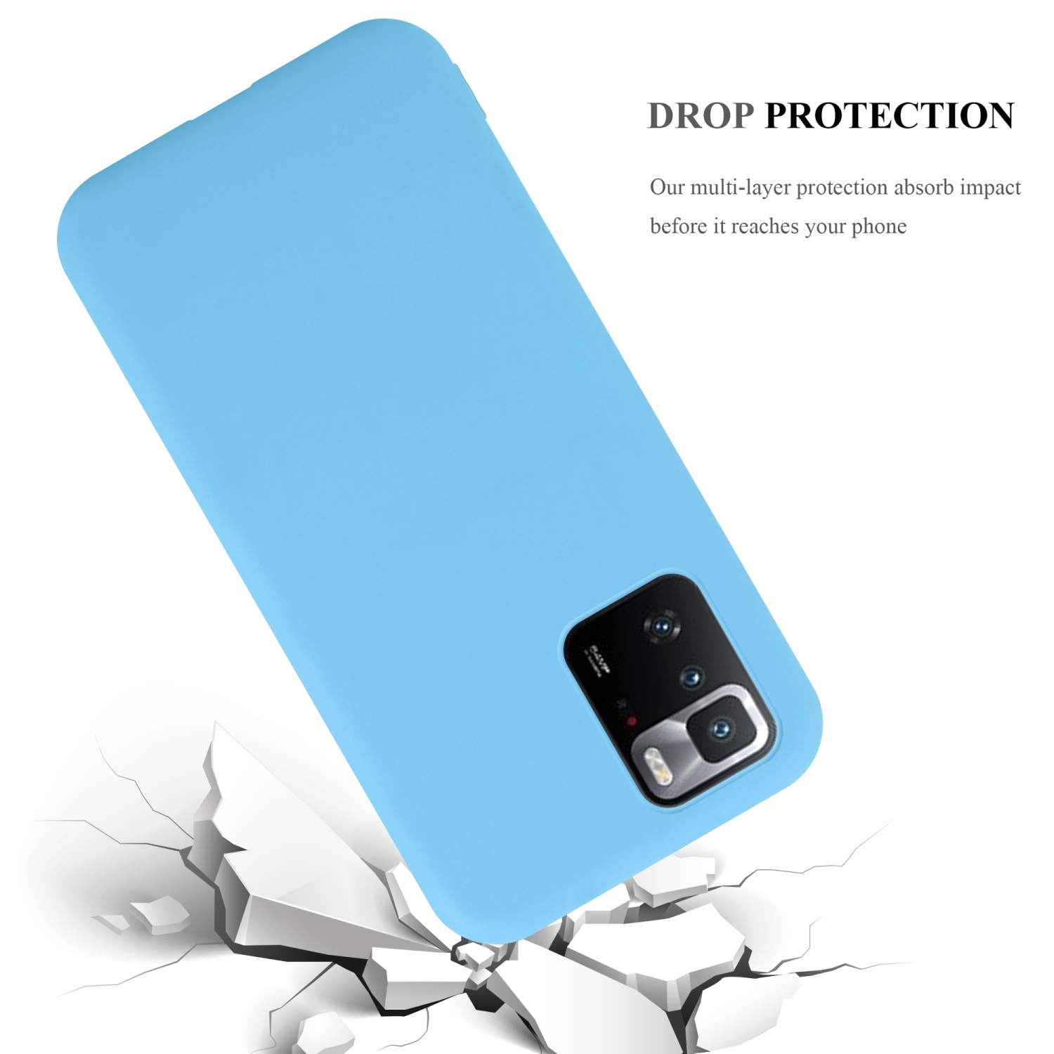 Una custodia blu per telefono sta cadendo, il telefono è dentro. La custodia è sopra una superficie rotta. Testo: DROP PROTECTION.