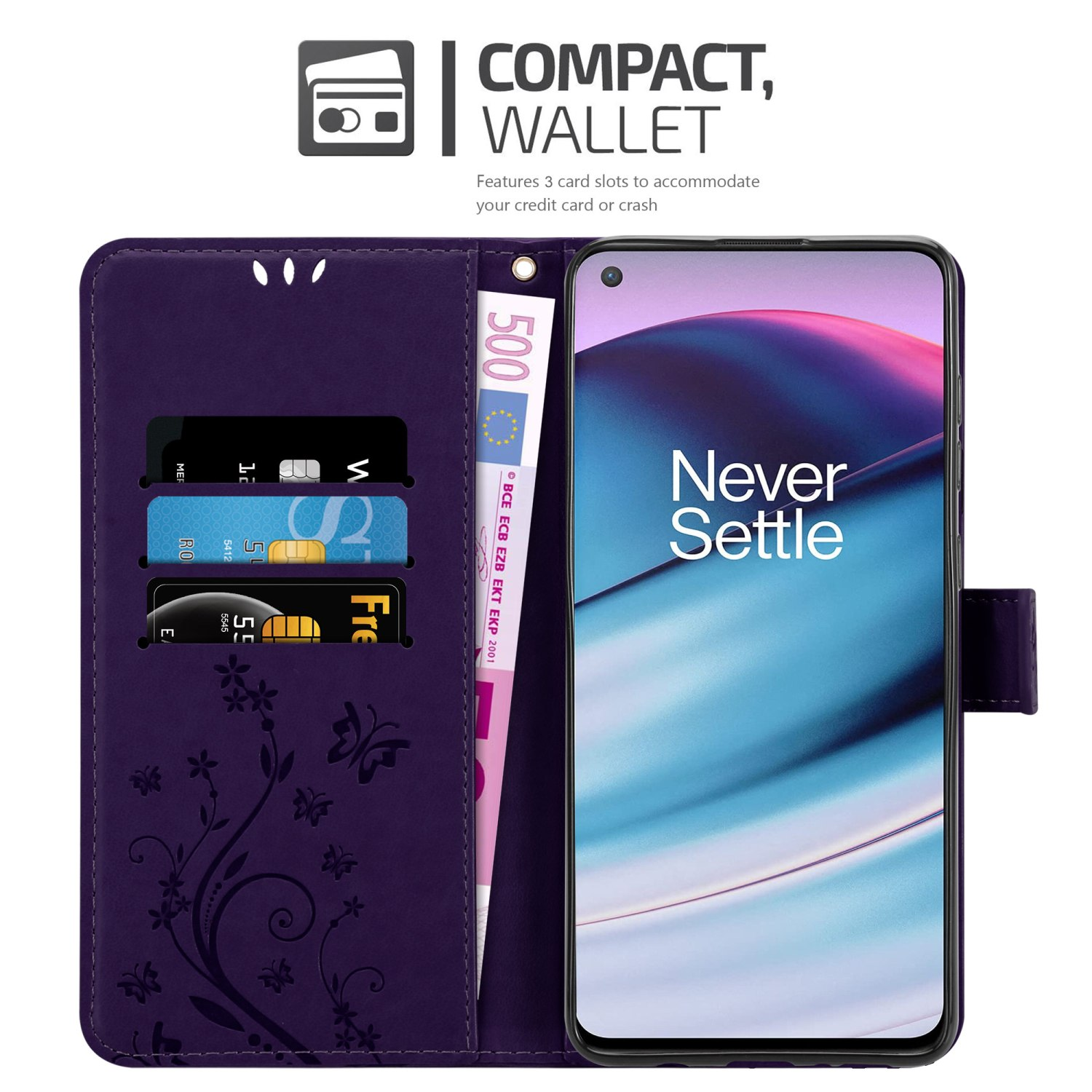 Custodia a portafoglio viola aperta con telefono, carte e denaro. I dettagli includono slot per carte e una banconota da 500 euro.