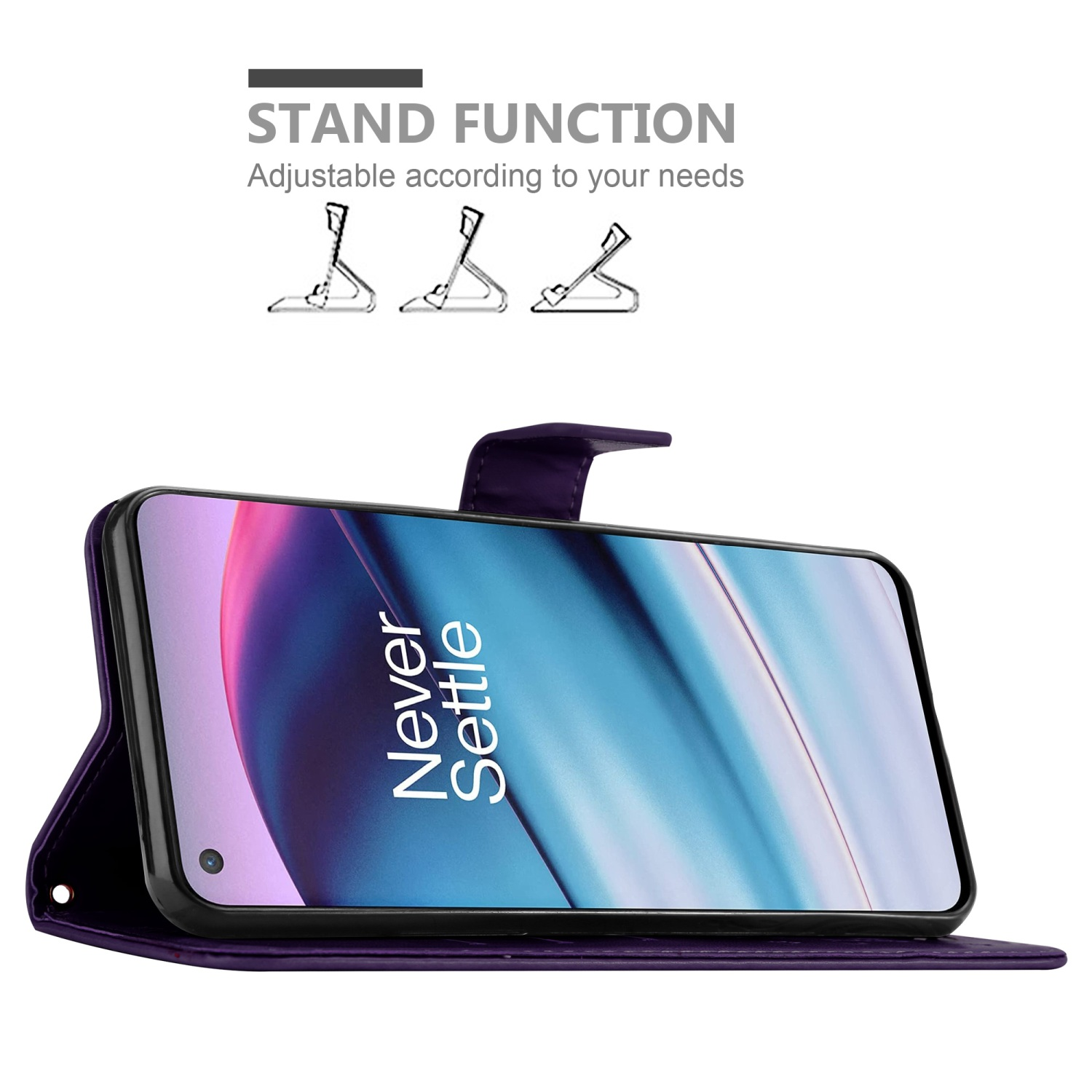 Custodia viola con telefono. Lo schermo mostra 'Never Settle'.