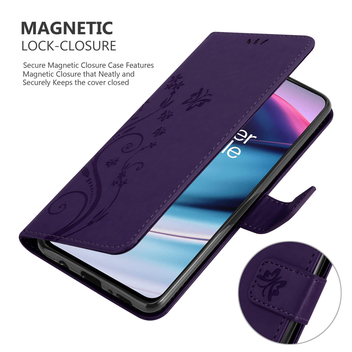 Custodia per telefono viola aperta con design floreale. Lo schermo del telefono è visibile.