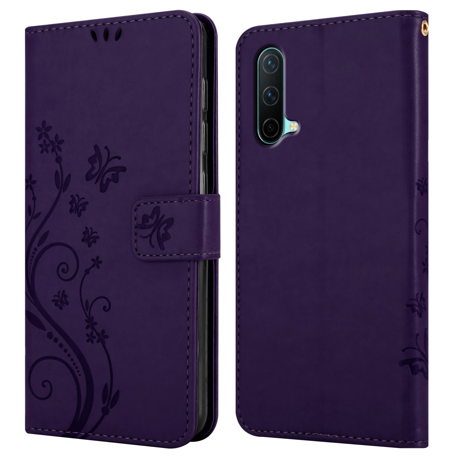 Custodia per telefono viola, aperta lateralmente, con design floreale. La fotocamera del telefono è visibile.