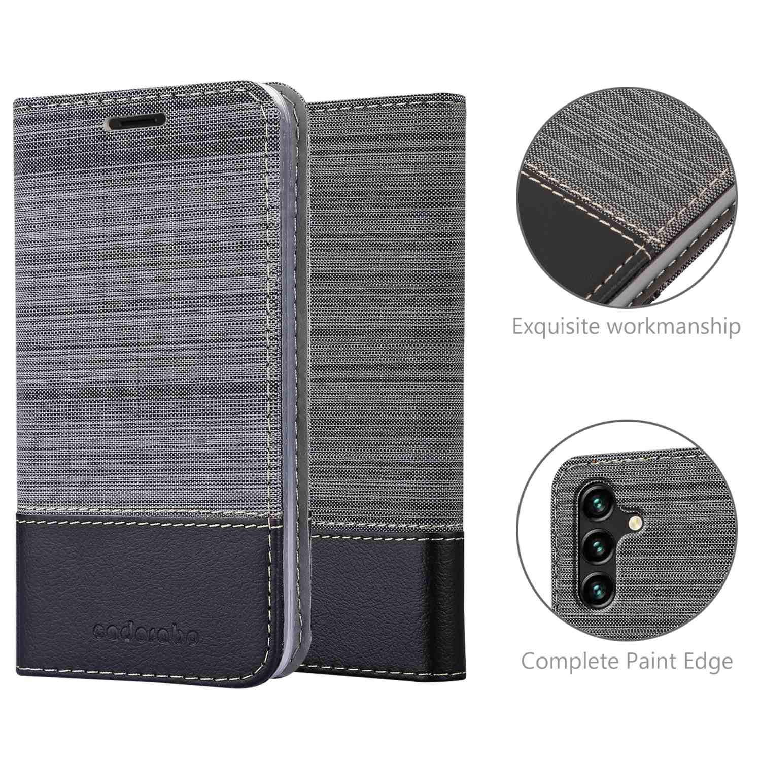 Graue Handyhülle mit strukturiertem Design. Zwei Kreise zeigen Details: Nähte und Kameraausschnitt.