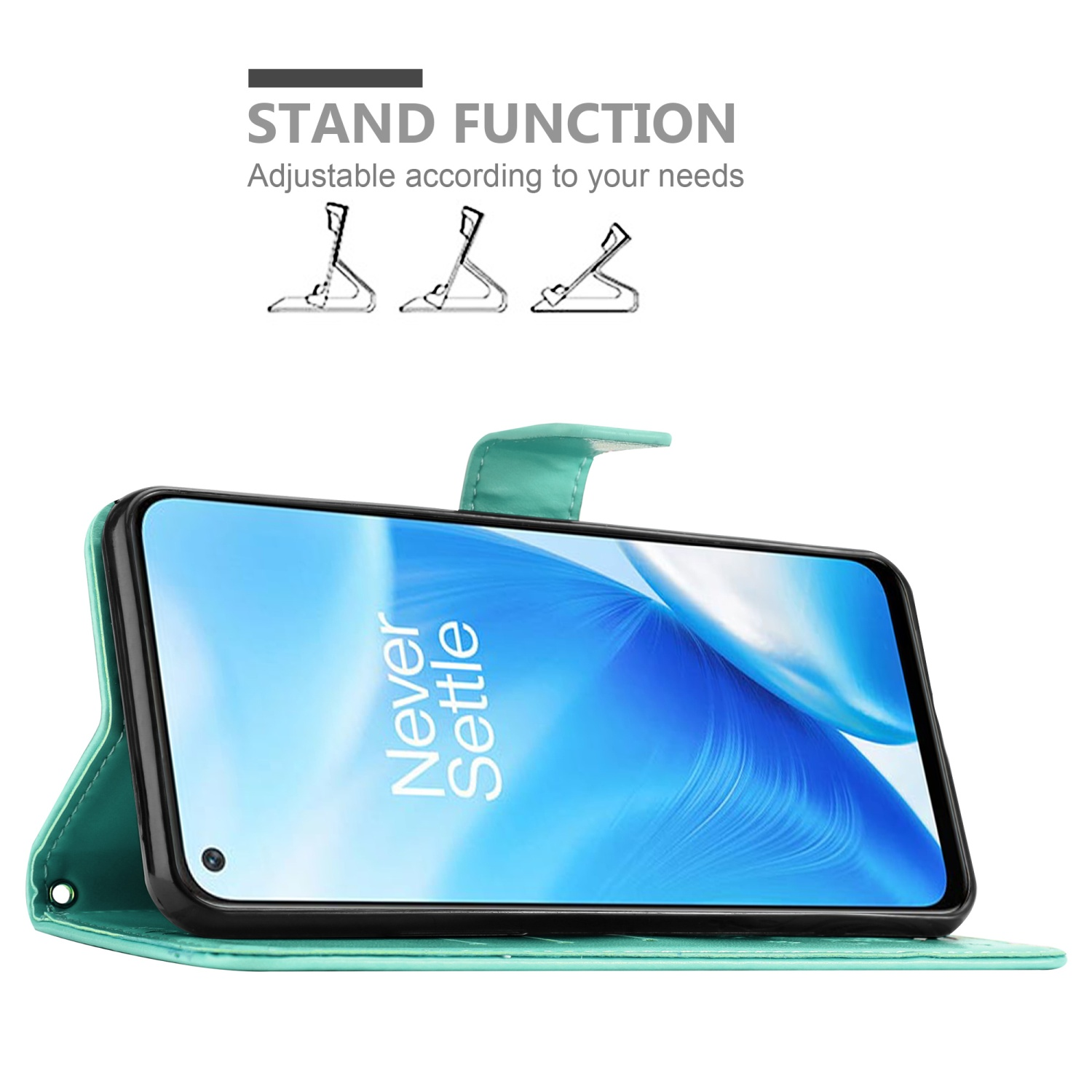 Un telefono in una custodia verde è aperto, con lo schermo visibile. La funzione stand è supportata.