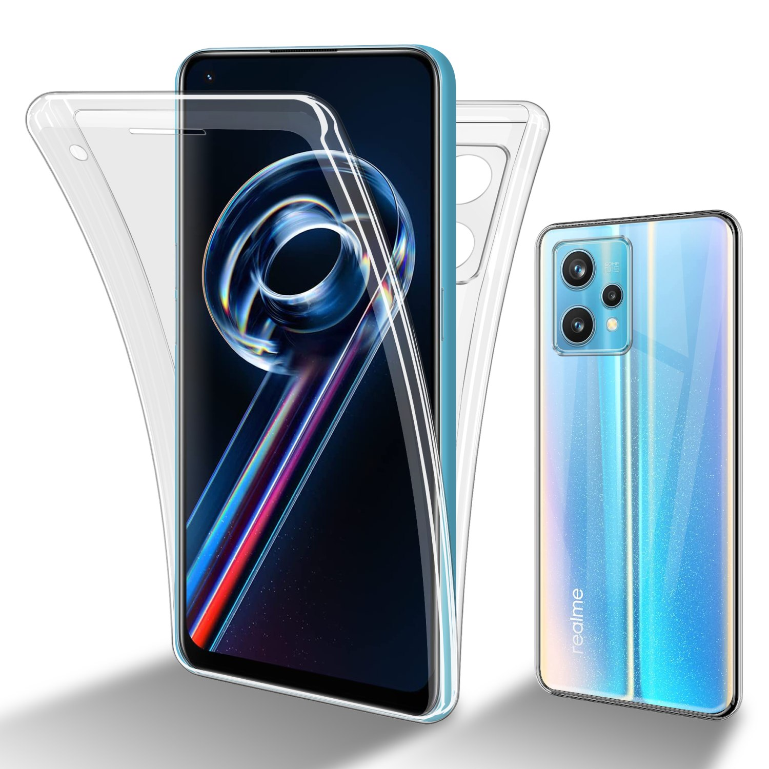 Custodia trasparente su un telefono blu, con una custodia staccata a sinistra.
